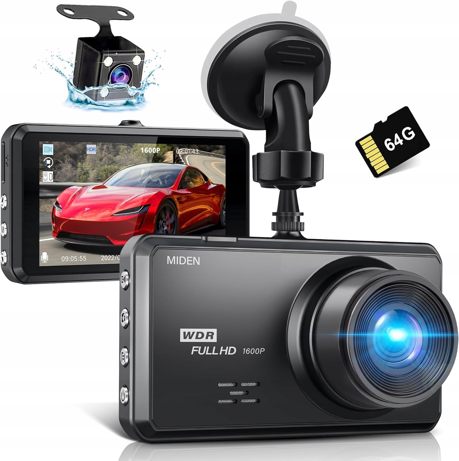 Rejestrator samochodowy Miden S7 2,5K, kamera przednia i tylna, Sd 64 Gb