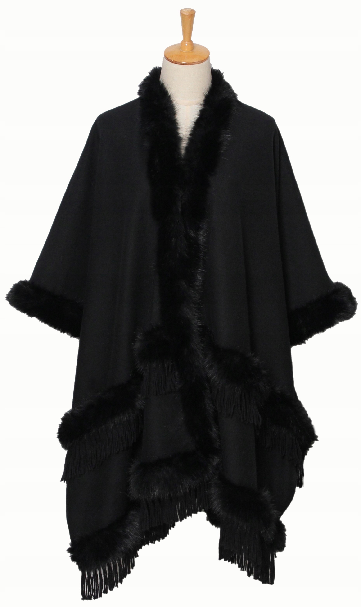 Černé Pončo Dámské Pončo s třásněmi z úpletu kožíšek s kožešinou