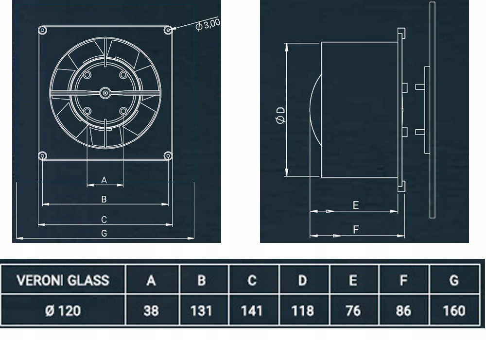 WENTYLATOR Z SZKLISTYM PANELEM STANDARD BIAŁY Fi 120 Średnica 120 mm