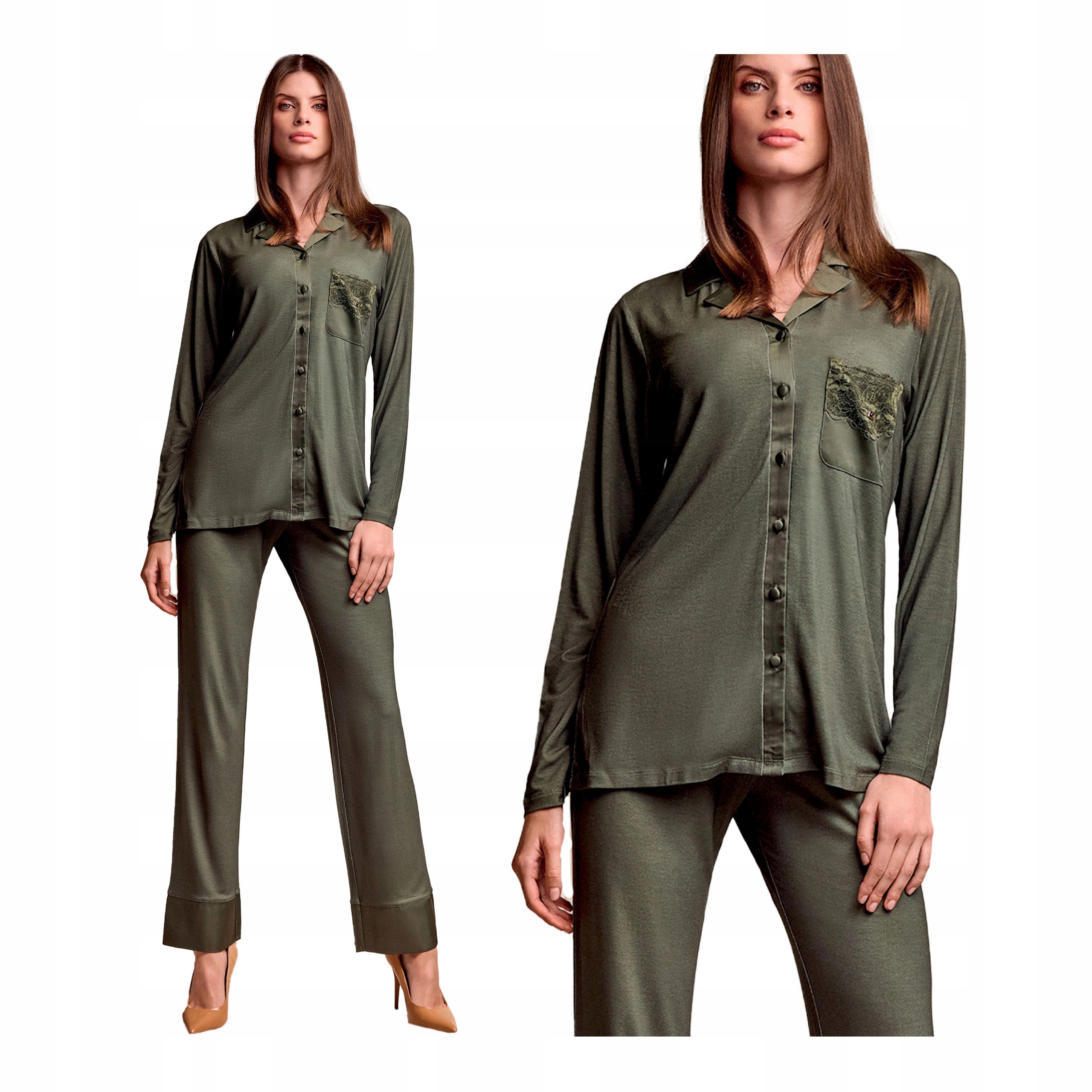 Dámské dvoudílné pyžamo s dlouhým rukávem, rozepínací, zelené Lormar 2XL