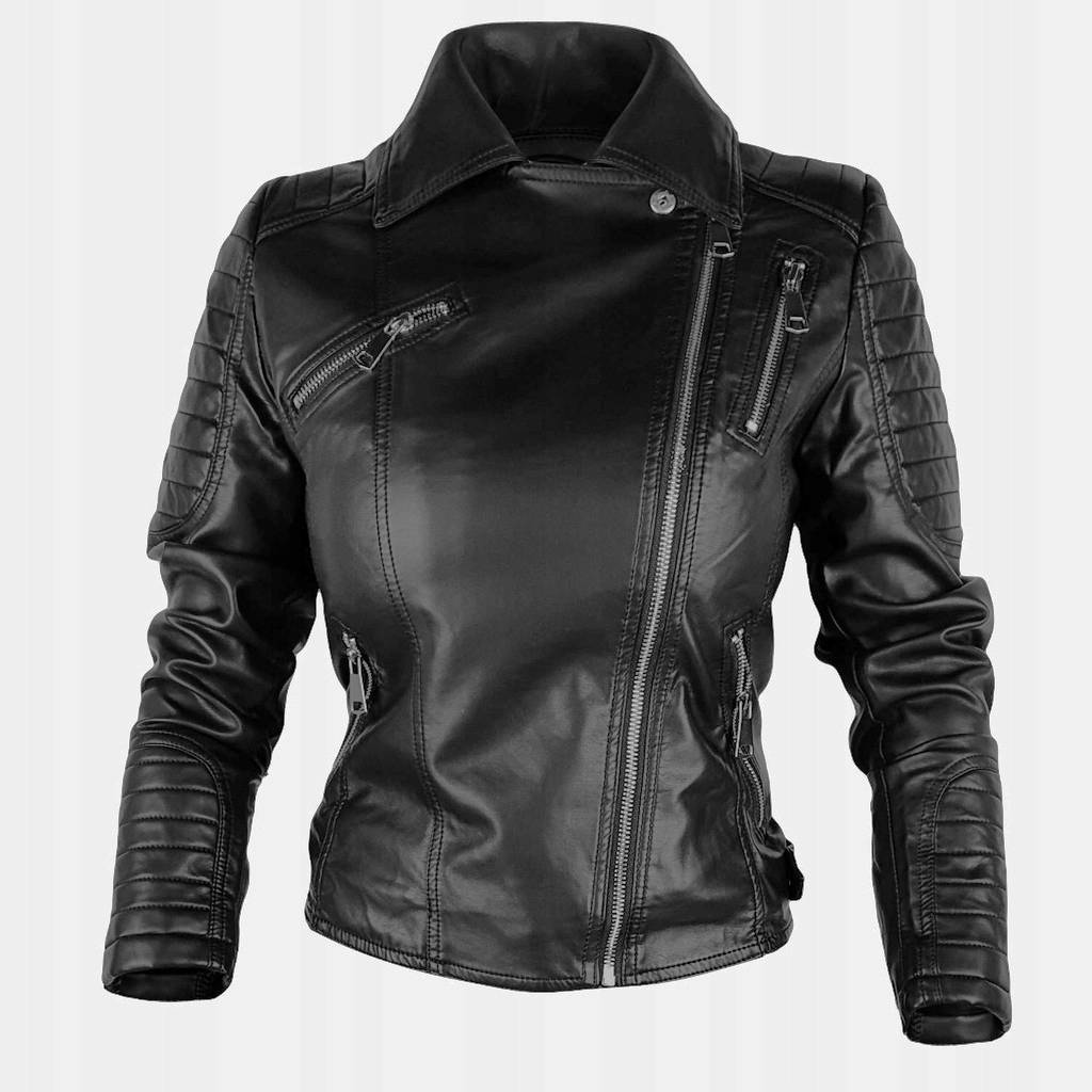 Damska Kurtka Ramoneska Biker Skóra Zip Black