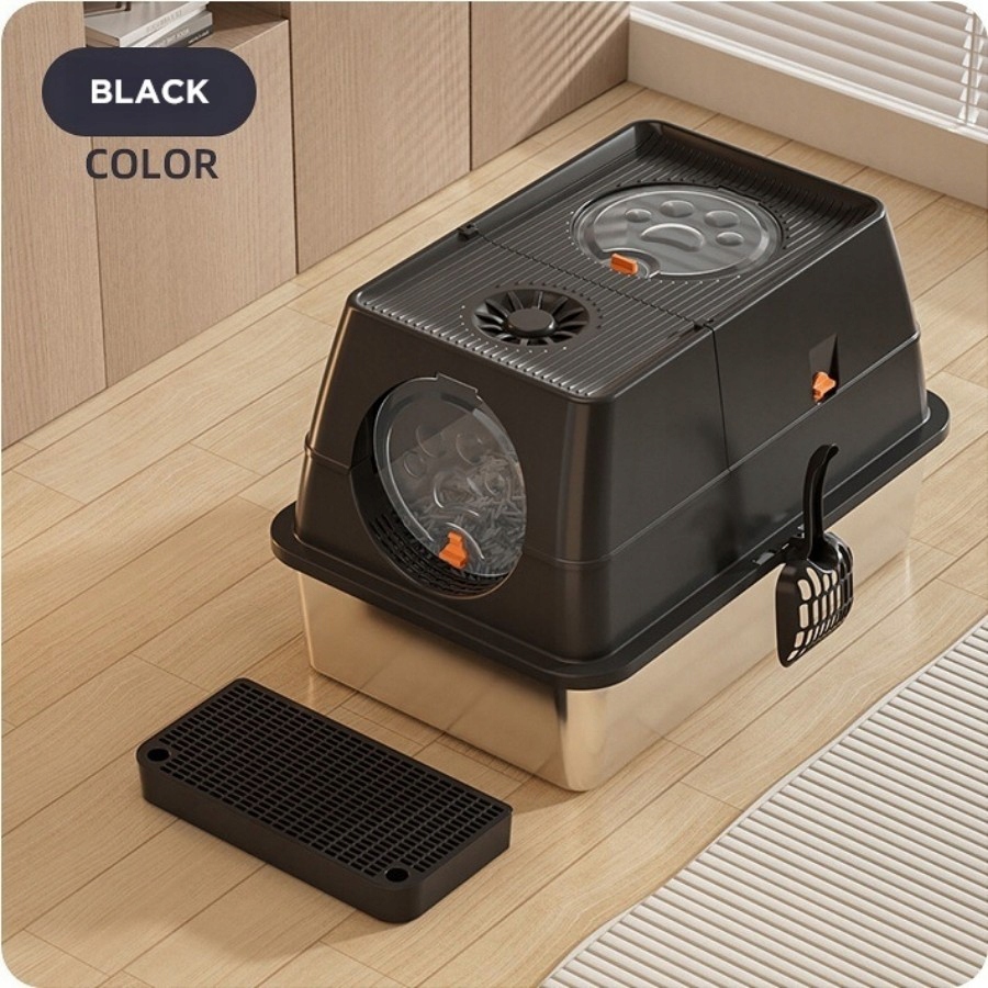 Levně Uzamykatelná kočičí toaleta s nerezovou ocelí a podložkou, s lopatkou, 54×40×38 CM