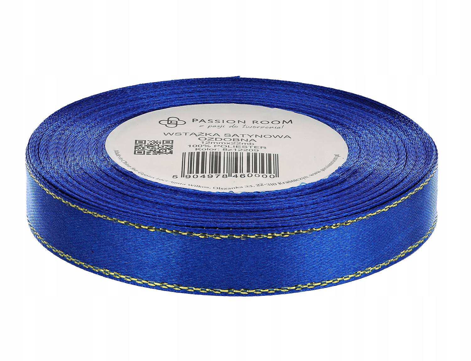Wstążka tasiemka satynowa ozdobna dekoracyjna 12mm granatowa ze złotą nitką