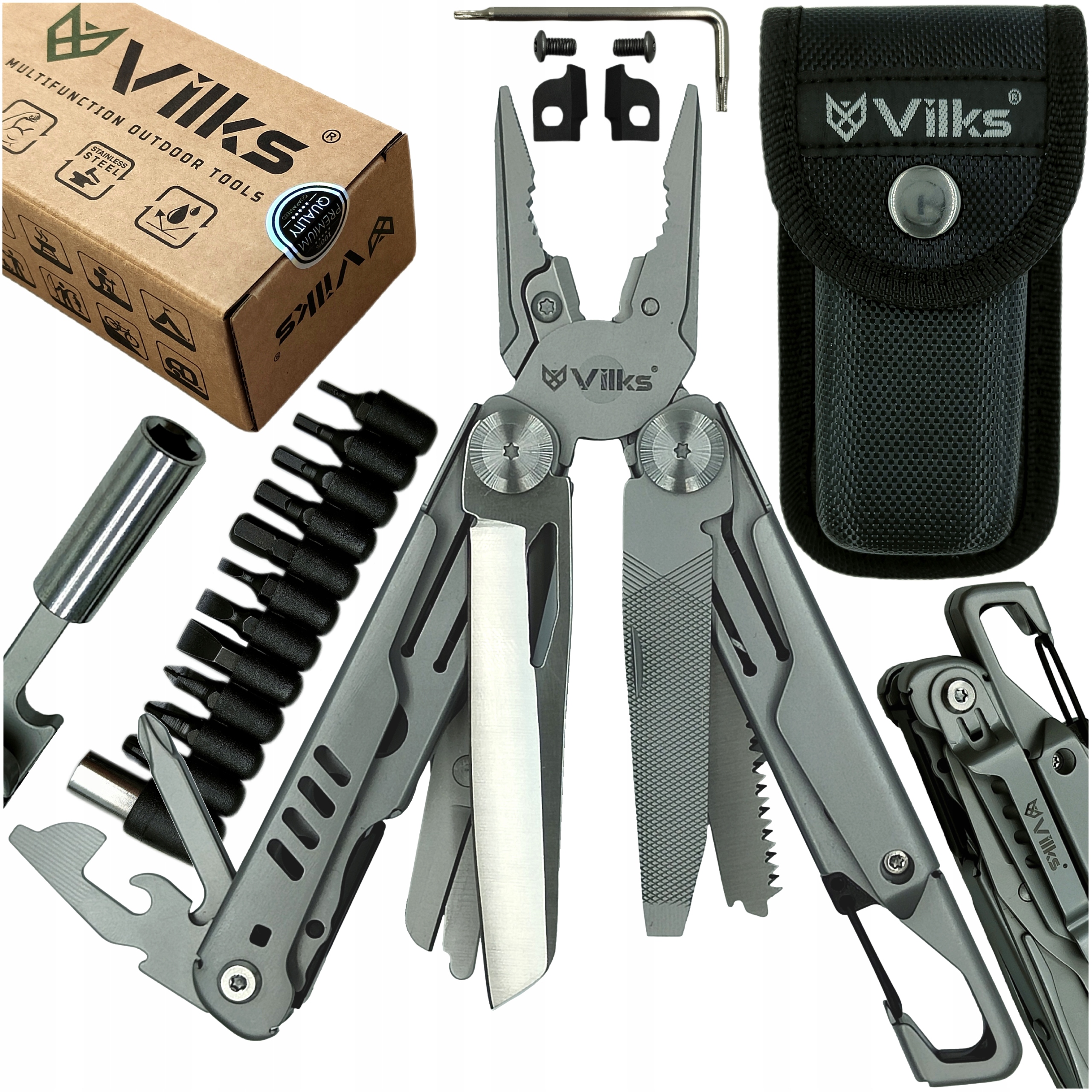 Scyzoryk Wielofunkcyjny Zestaw Multitool Survival Stal Nierdzewna Etui Bity