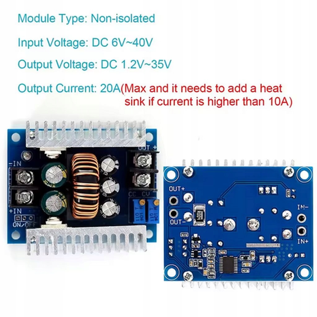 PRZETWORNICA NAPIĘCIA 6-40V-->1,2-36V STEP-DOWN 15A/20A 300W Producent bez marki