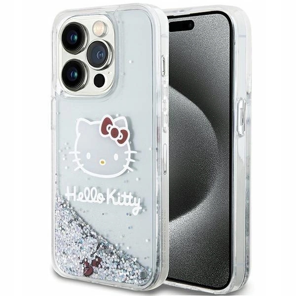 Pouzdro Hello Kitty Liquid Glitter Charms Kitty Head pro iPhone 15 Pro stříbrné