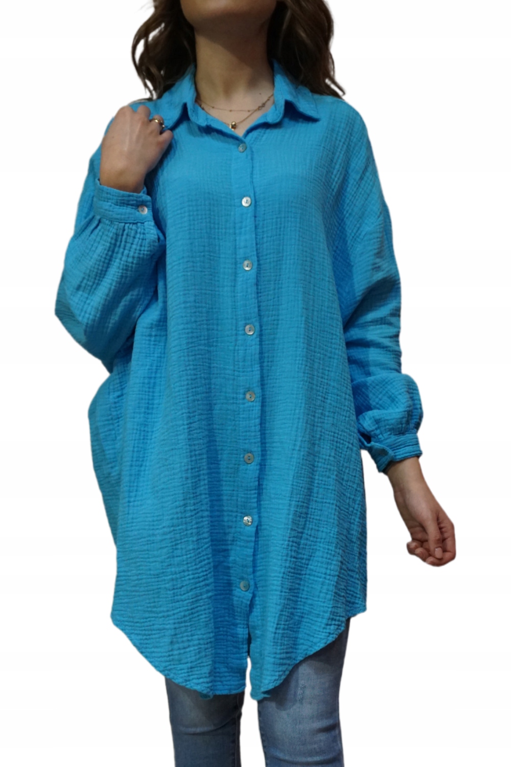 KOSZULA MUŚLINOWA DŁUGA LUŹNA OVERSIZE TUNIKA DAMSKA DŁUGI RĘKAW BŁĘKITNA Marka inna