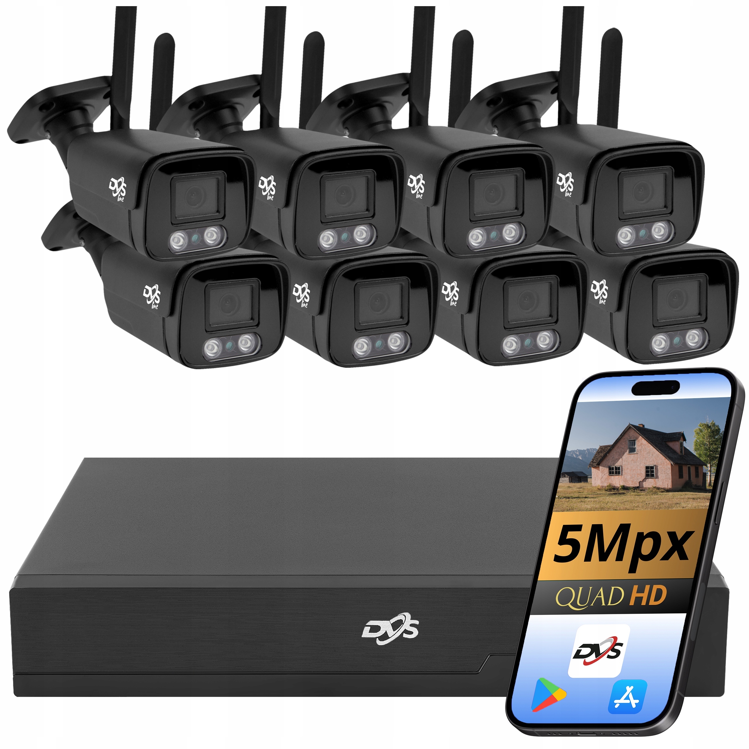 Sada 8 Kamer Pro Bezdrátové Monitorování Wifi Domu 5Mpx WiFi Dvs Černá