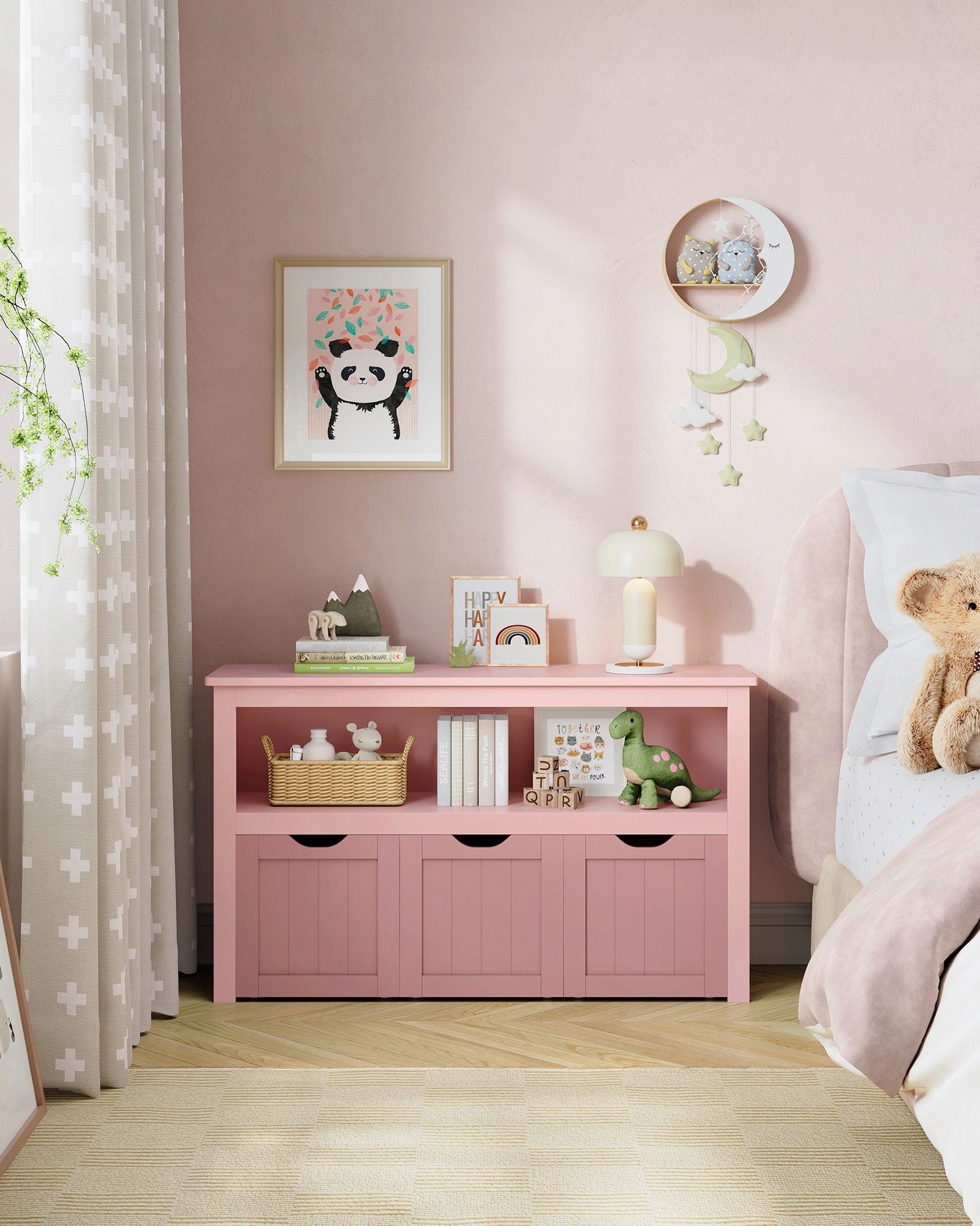 Różowy regał na kółkach szafka skrzynia na książki zabawki szuflada 24 L Szerokość mebla 102 cm