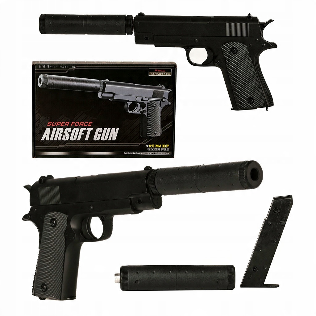 

Metalowy Pistolet Colt V2+ Tłumik Kulki