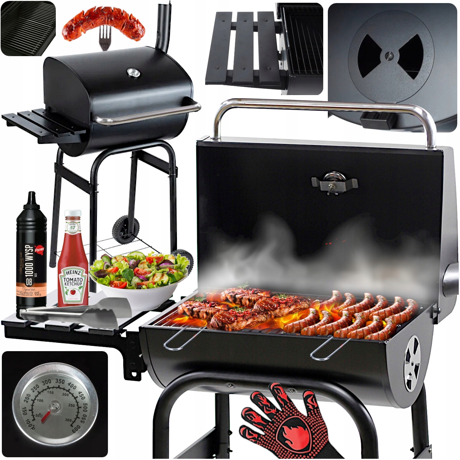 Grill Węglowy Ogrodowy Duży Pokrywa +termometr Półki na kółkach Stalowy 9w1