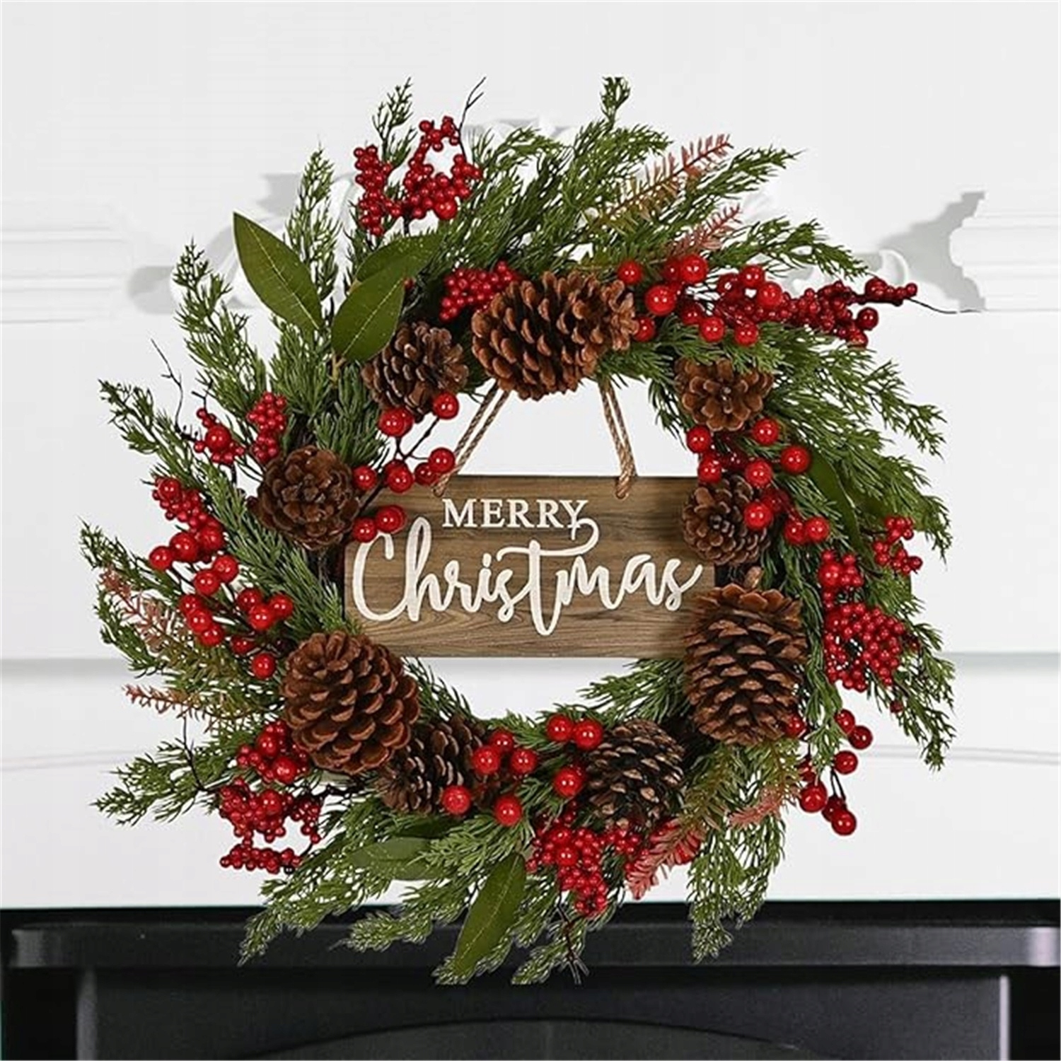 Vánoční Věnec 50 CM S Dřevěným Přívěskem Na Dveře