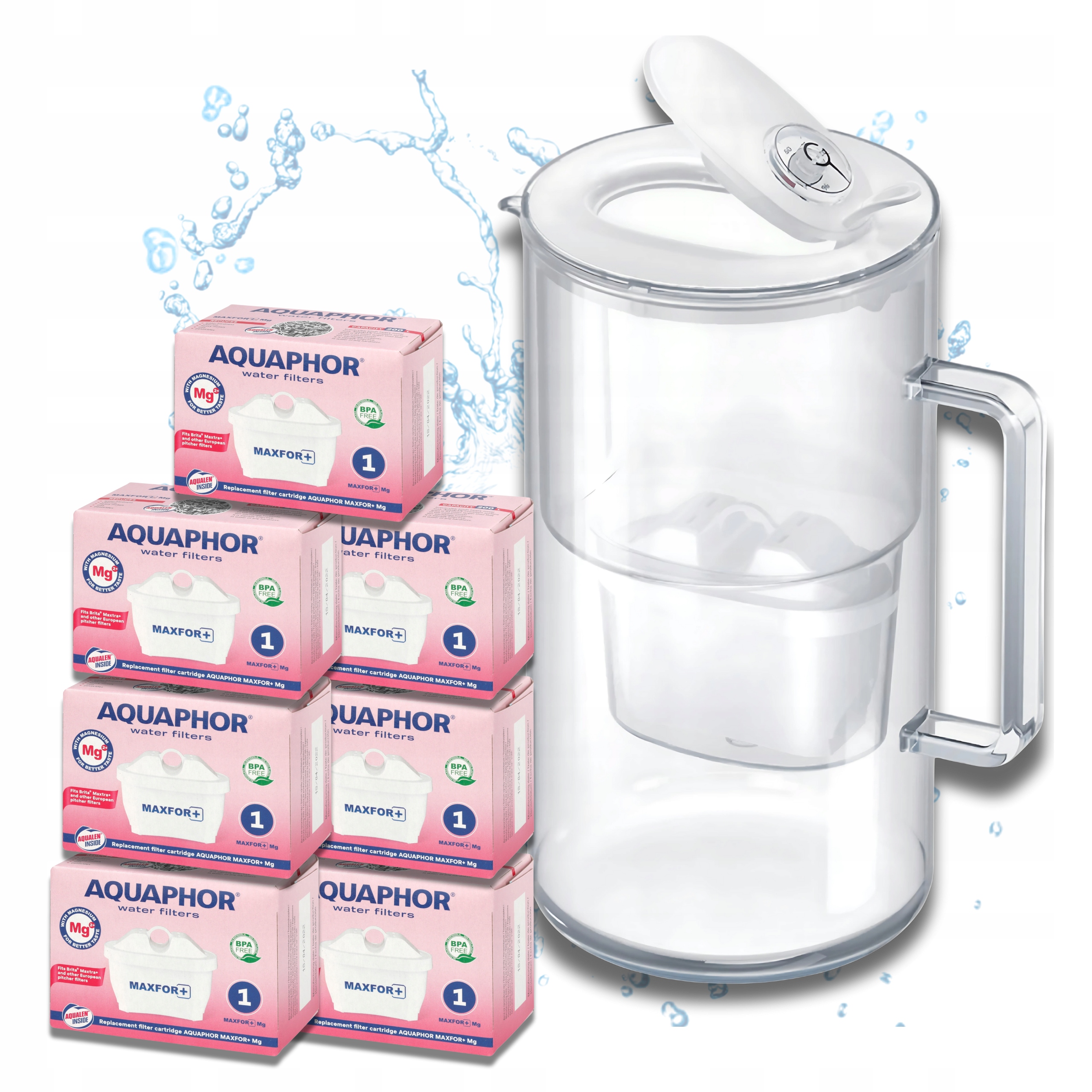 Dzbanek filtrujący wodę szklany Aquaphor Glass, biały +7 filtrów Maxfor+ Mg