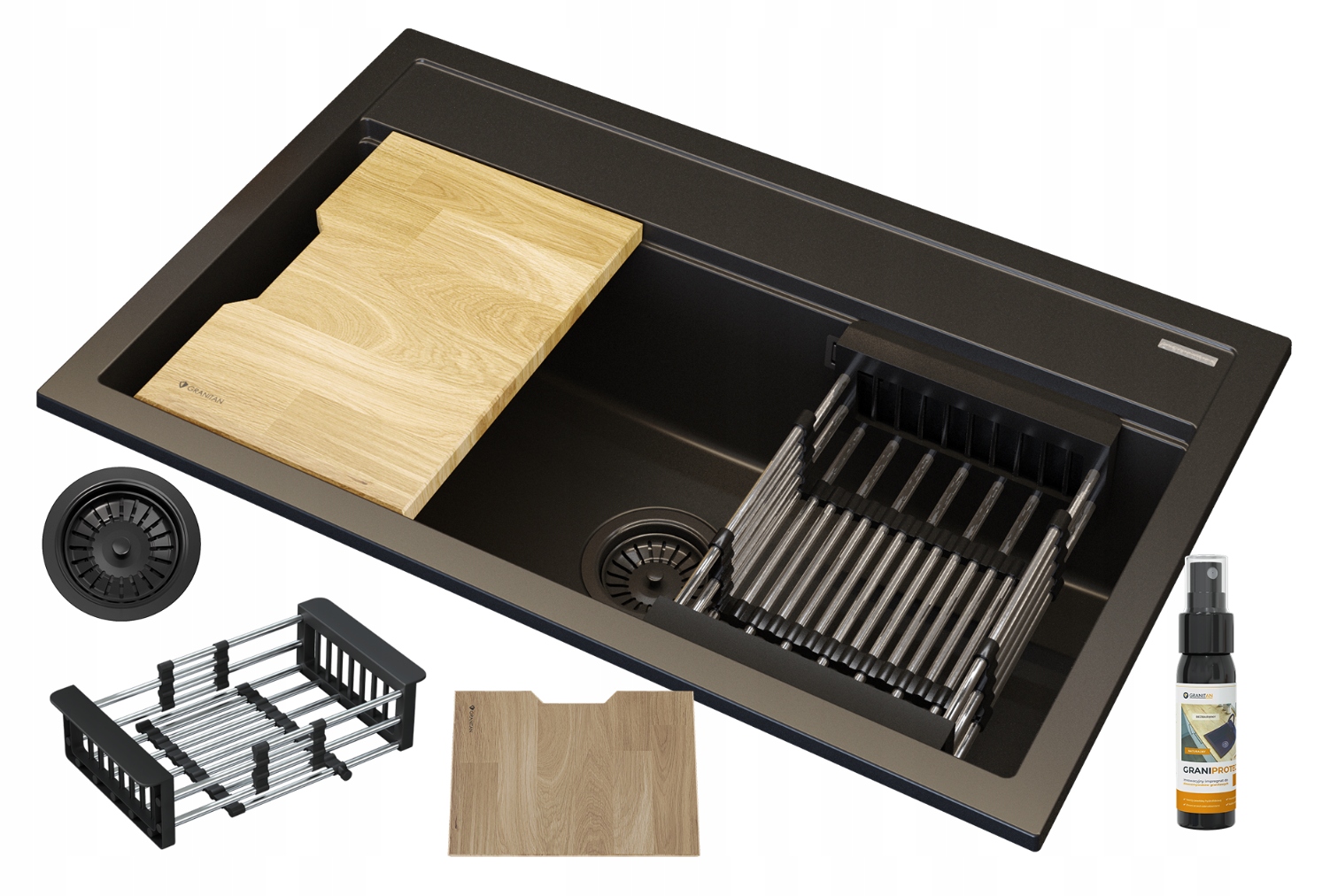 Granitový Dřez Černý Velký Dřevěné Prkénko Odkapávač Sada Asti