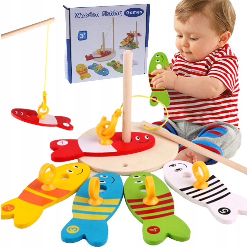 ZABAWKA DREWNIANA ŁOWIENIE RYBEK UKŁADANKA GRA RYBKI Z WĘDKĄ 2w1