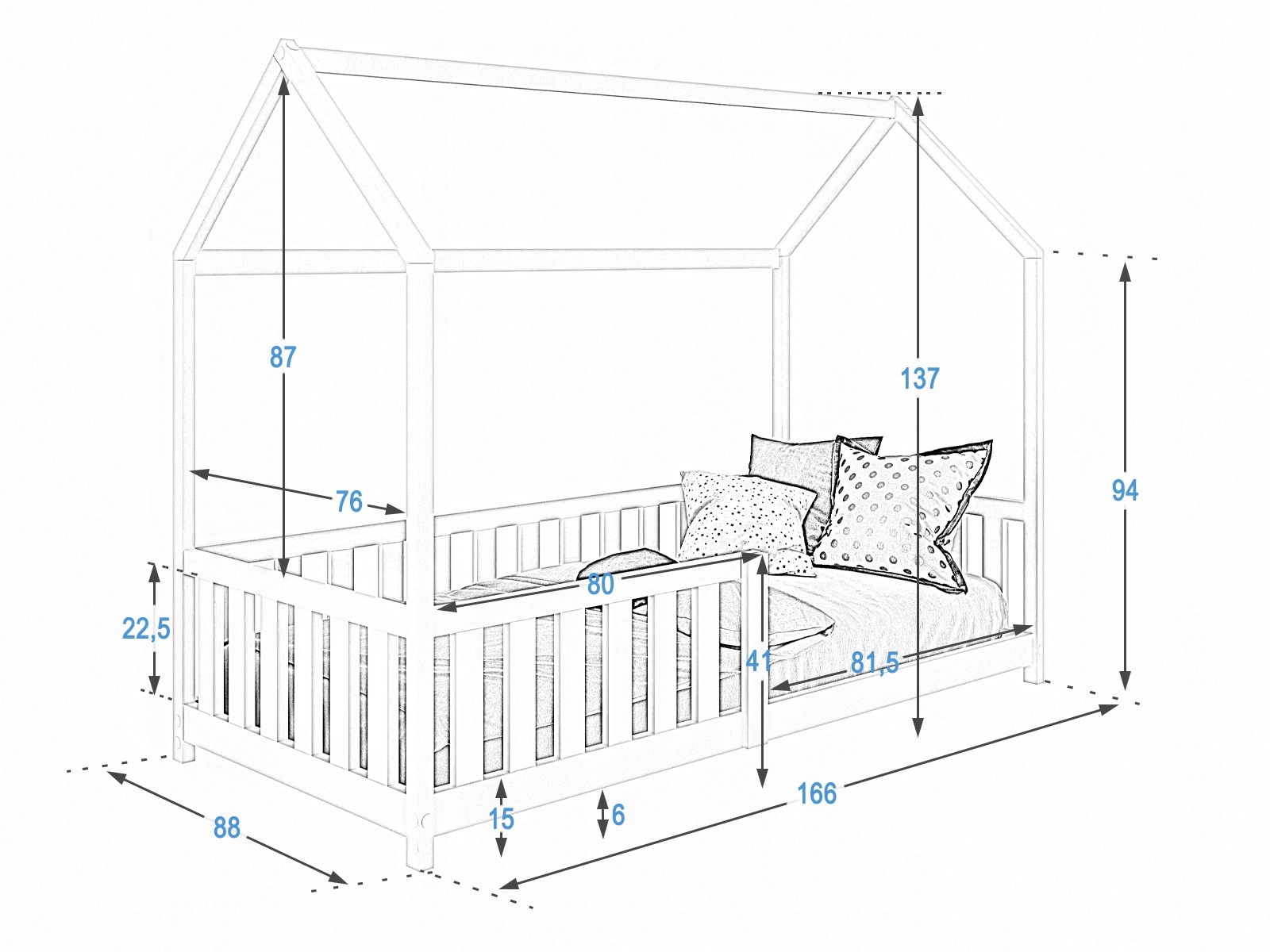 ŁÓŻKO DZIECIĘCE DOMEK 80x160 SOSNA D7 + STELAŻ + BARIERKI PŁOTEK Marka Meble Magnat