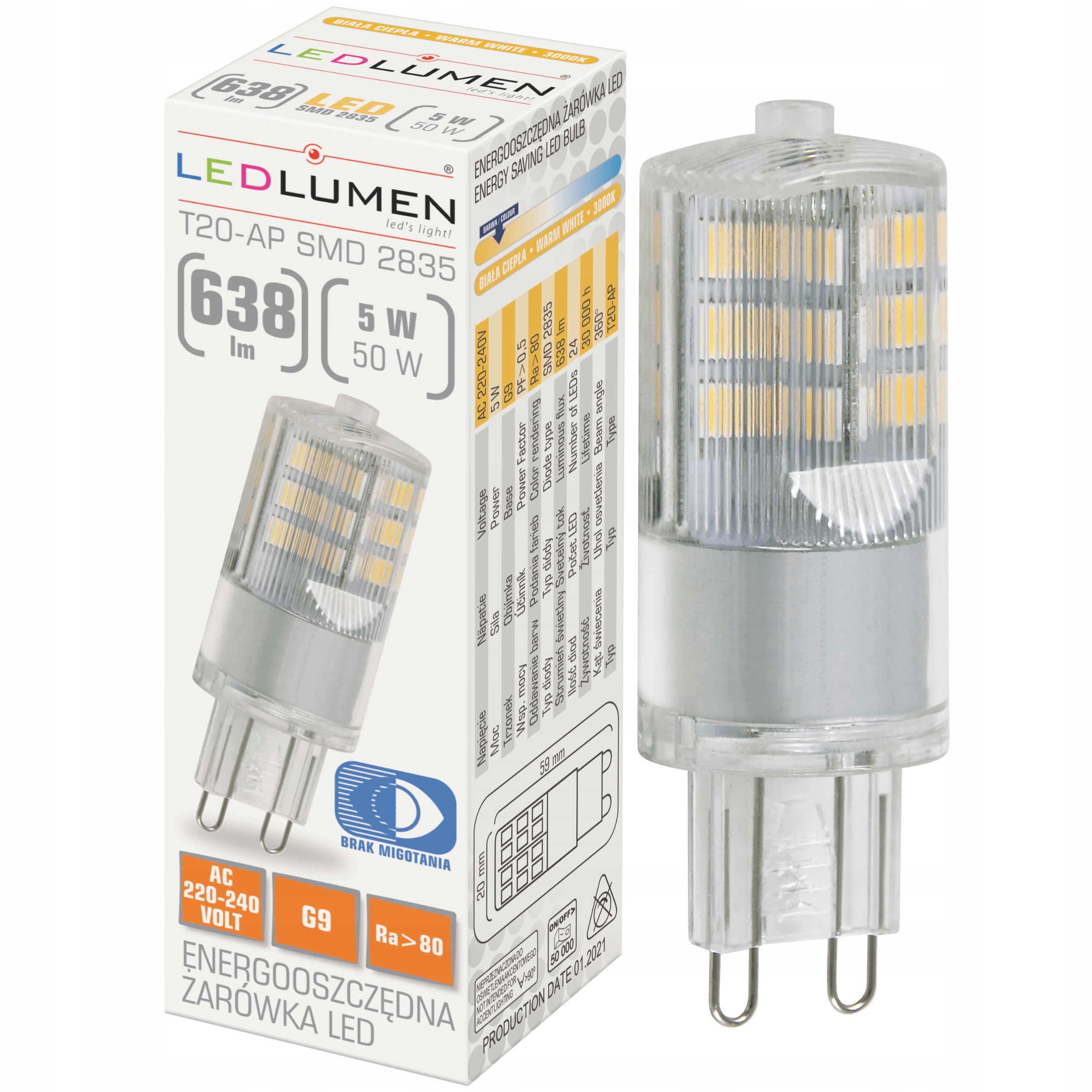 

Żarówka Led G9 T20 Mini 5W=50W 2835 Smd 638lm 360°