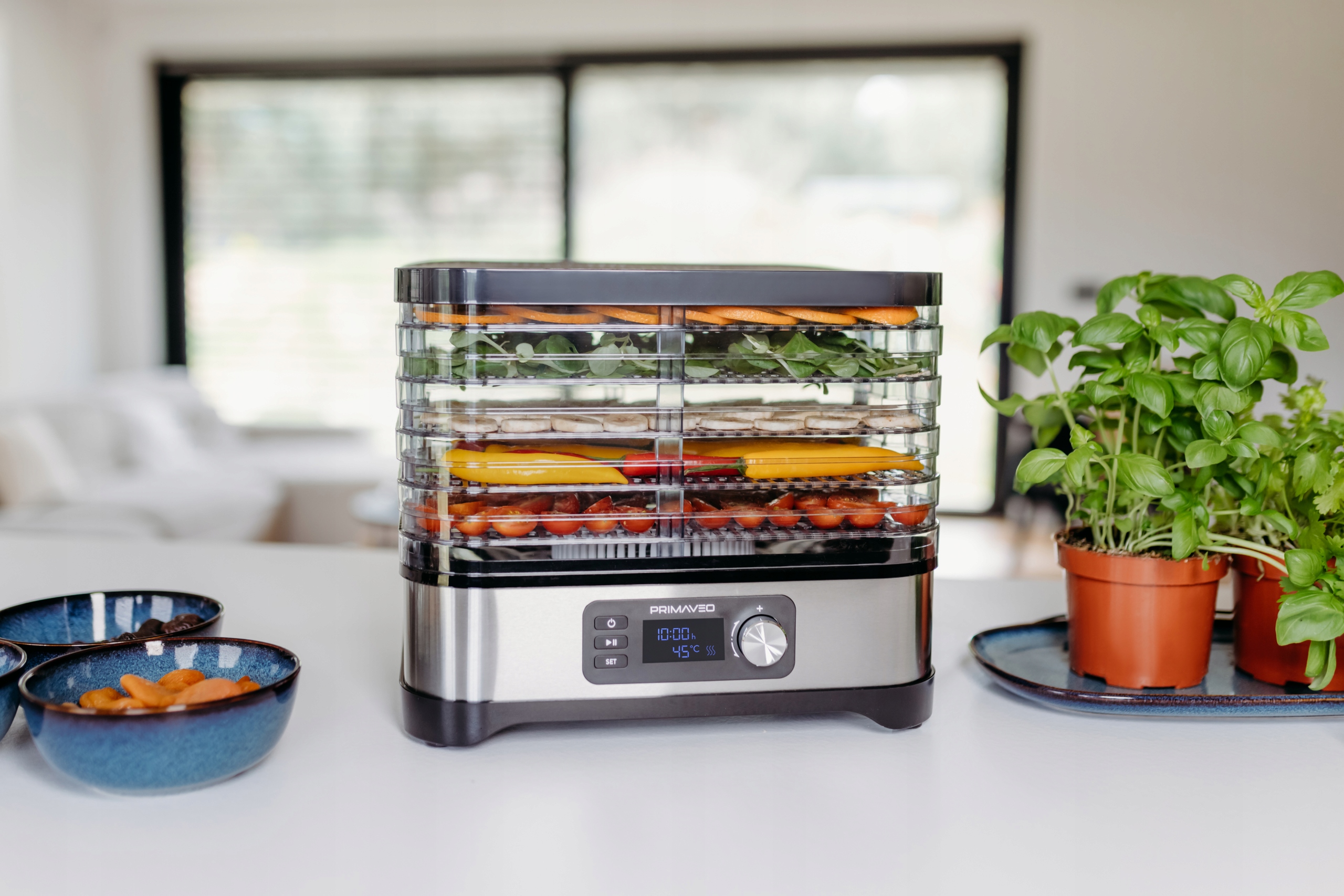 DUŻA Suszarka do Grzybów Owoców Warzyw INOX Termoobieg 450W Zegar PRIMAVEO Model Suszarka SU64394