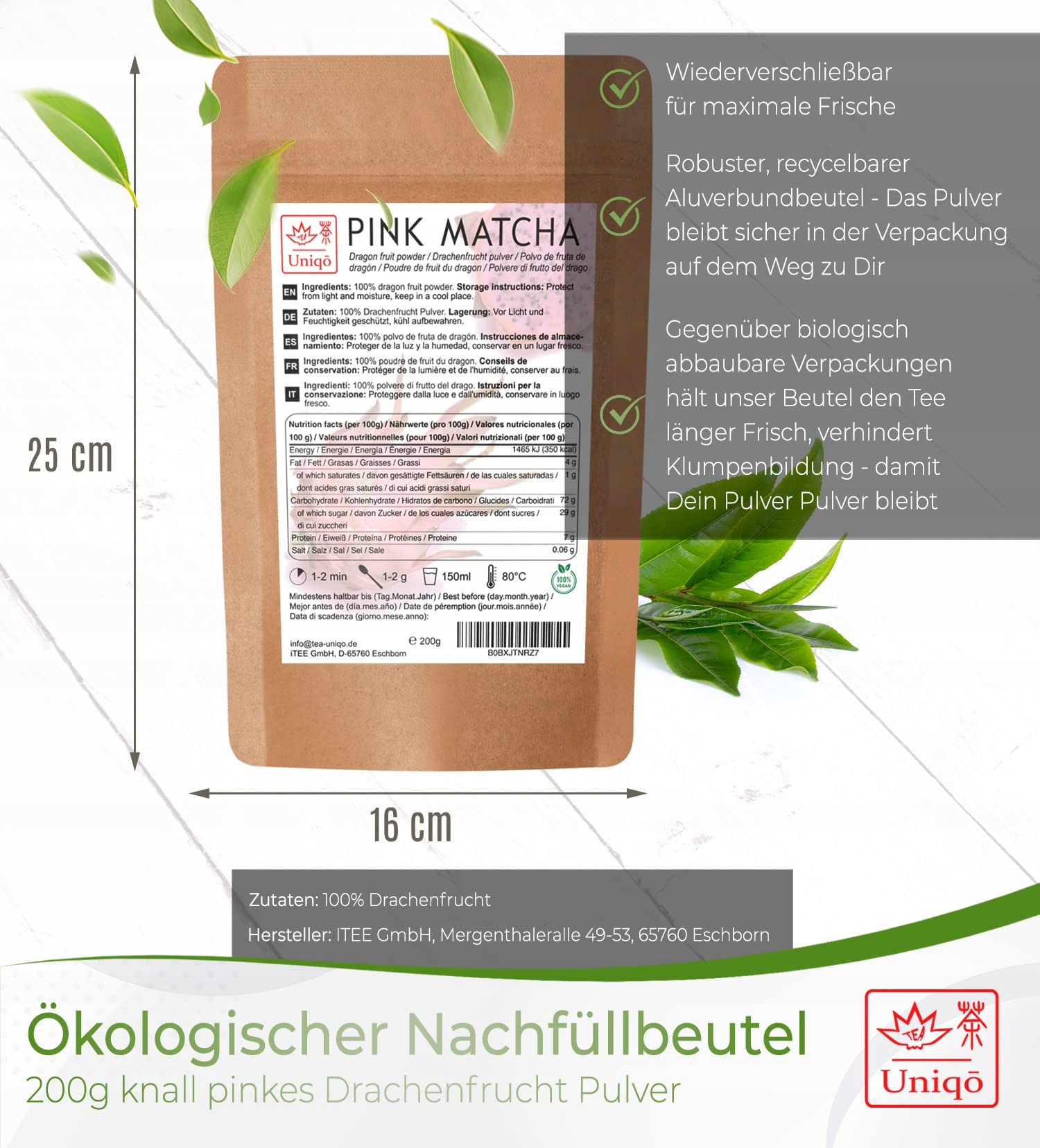 TEA UNIQO Różowa Matcha Proszek Pitaya Smoczy Owoc 200g Refill — miniatura 6