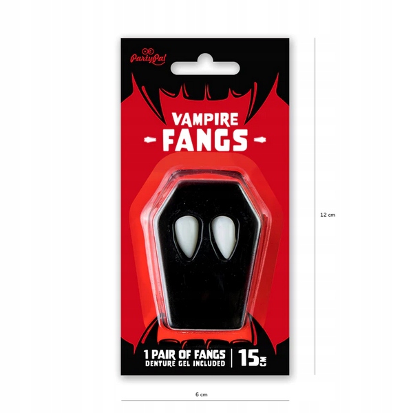 KŁY WAMPIRA DŁUGIE 15MM HALLOWEEN Z KLEJEM WAMPIR DRAKULA CHARAKTERYZACJA Marka PartyPal