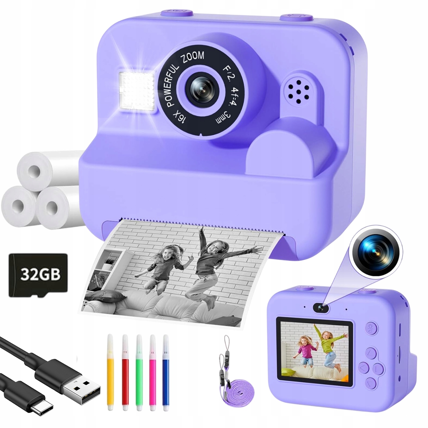 Kamera Pro Děti Okamžitý Tisk 1080P 16X 2.4 Palce 32GB Dárek