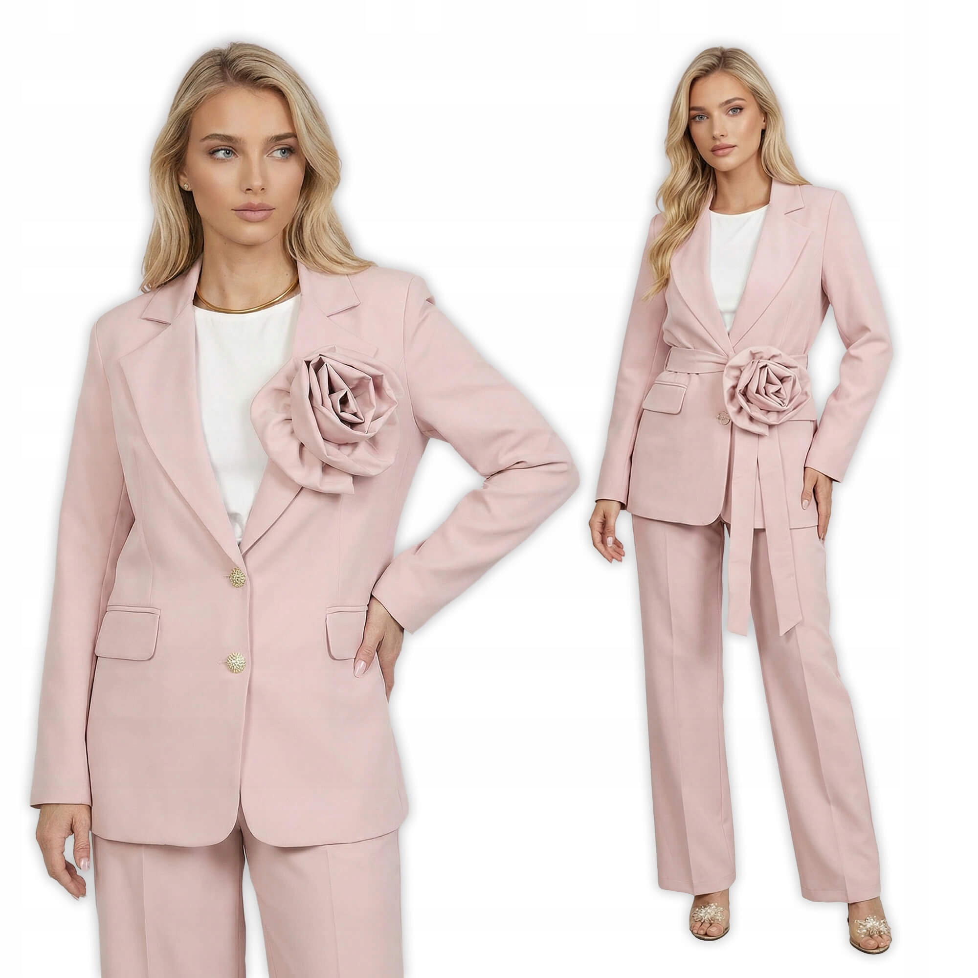 Elegantní sako s páskem a ozdobnou růží Pudrová Růžová 34