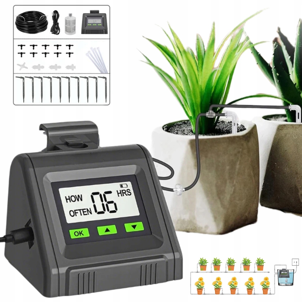 Automatický zavlažovací set pro květináče, časový regulátor, osvětlení