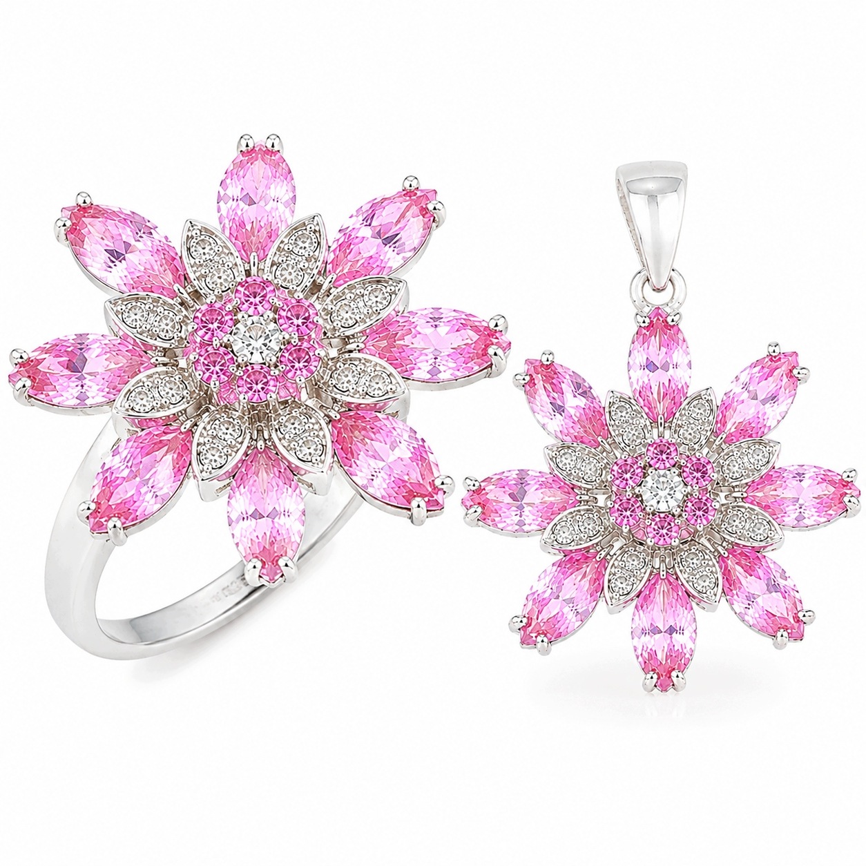 Stříbrný Komplet Velké Růžové Květy Zirkony Ryzost 925 Flora Bloom Pink