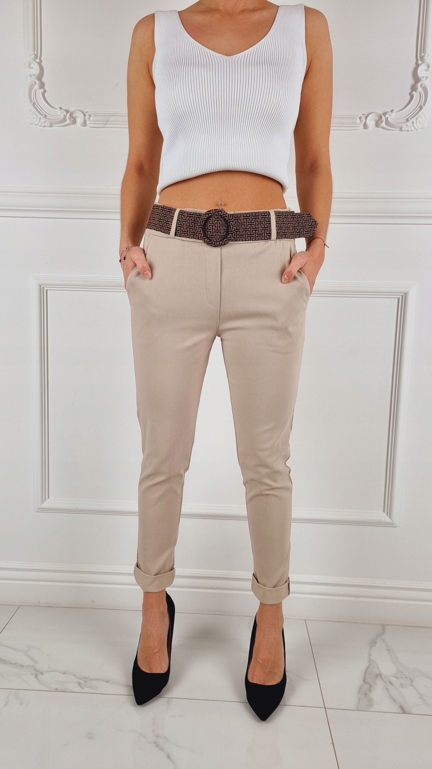 #ELASTYCZNE - SPODNIE - DAMSKIE - W GUMKĘ - PASEK# Stan (wysokość w pasie) wysoki