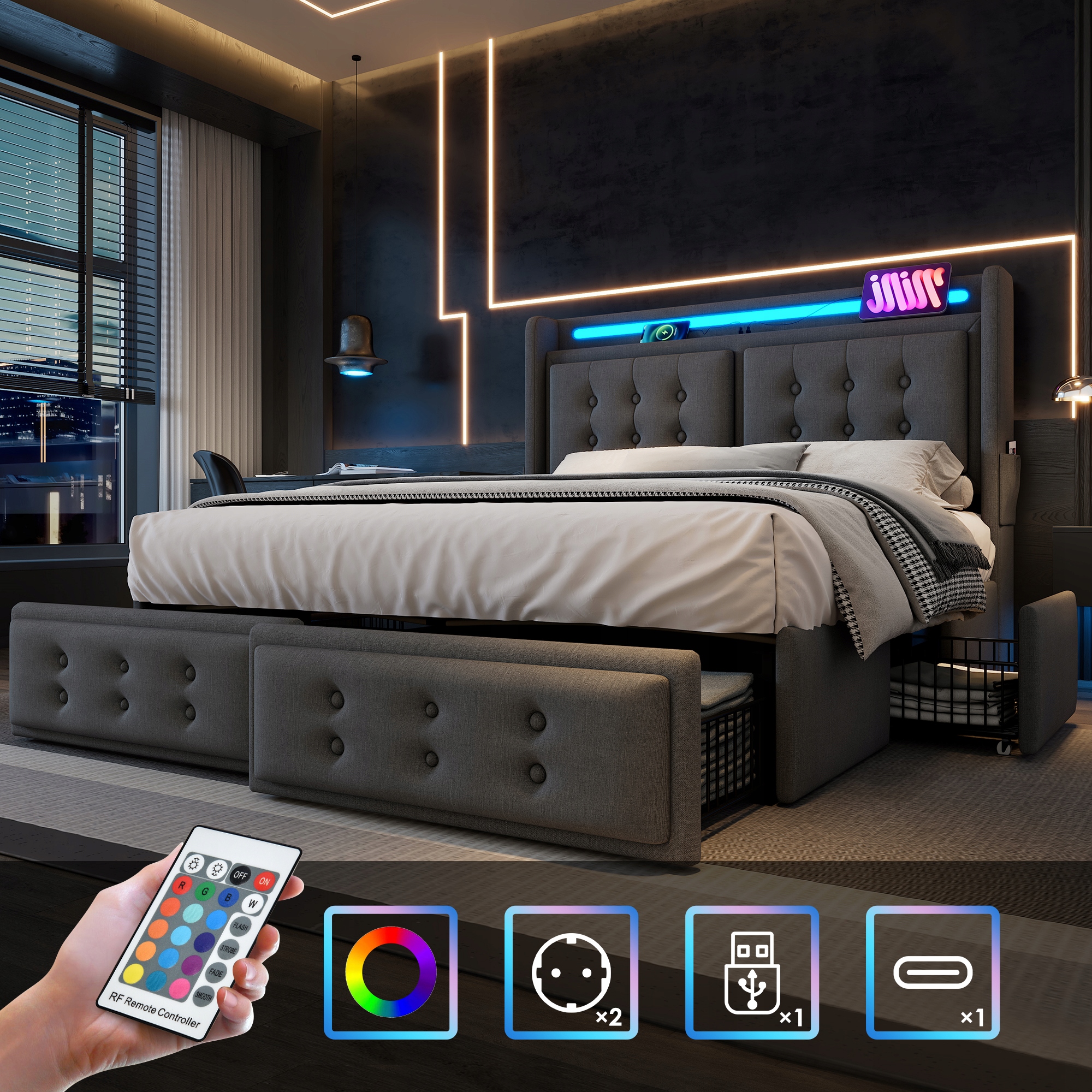 Łóżko tapicerowane 160x200 LED USB 4 szuflady szare