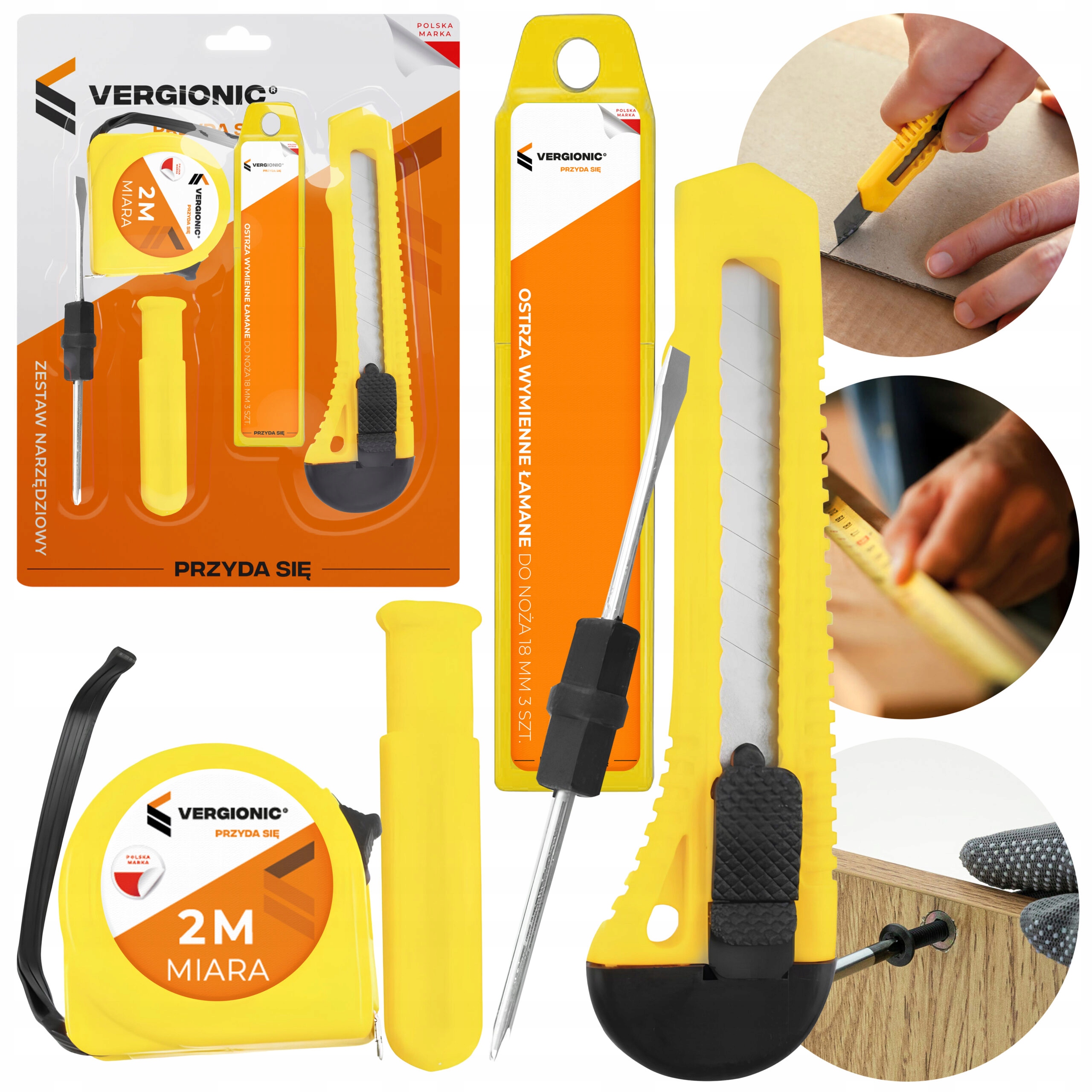 Zestaw narzędzi miarka ,nóż łamany + wkłady, śrubokręt 4 elementy EAN (GTIN) 5905644204188