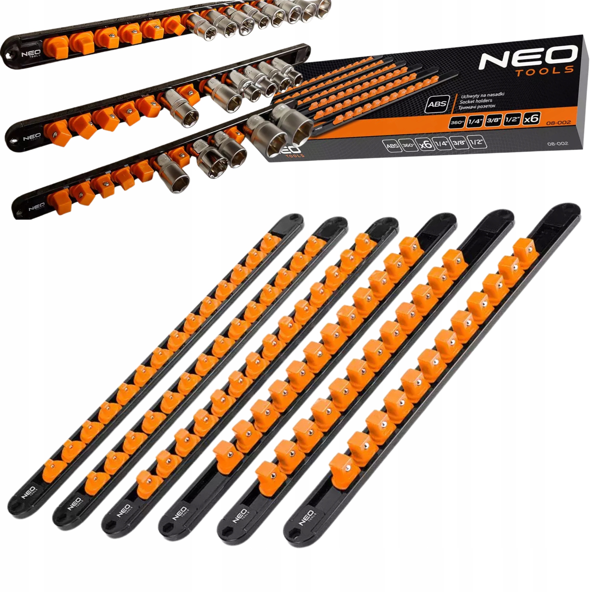 Uchwyty na Nasadki 1/4" 3/8" 1/2" 6 szt. Listwy na Ścianę do Warsztatu Neo