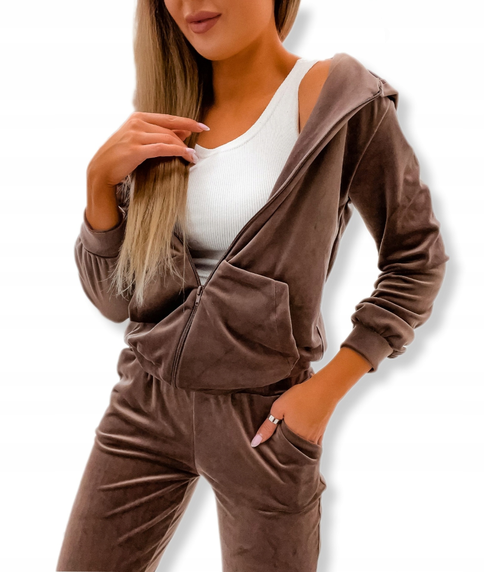 Sametová Teplákovka Souprava Čokoládově Hnědá Moon vel. S