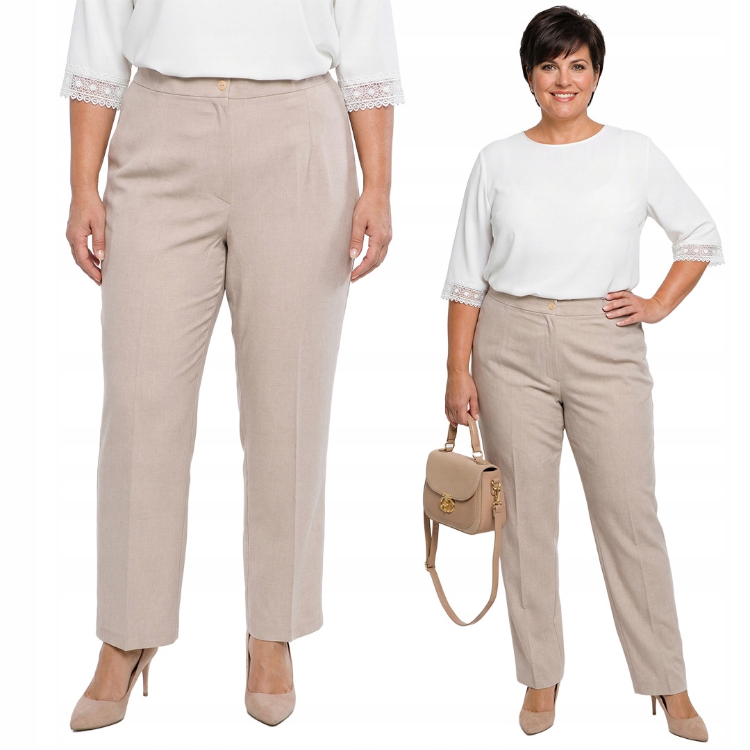 Béžové lněné kalhoty s kant plus size velikost 54