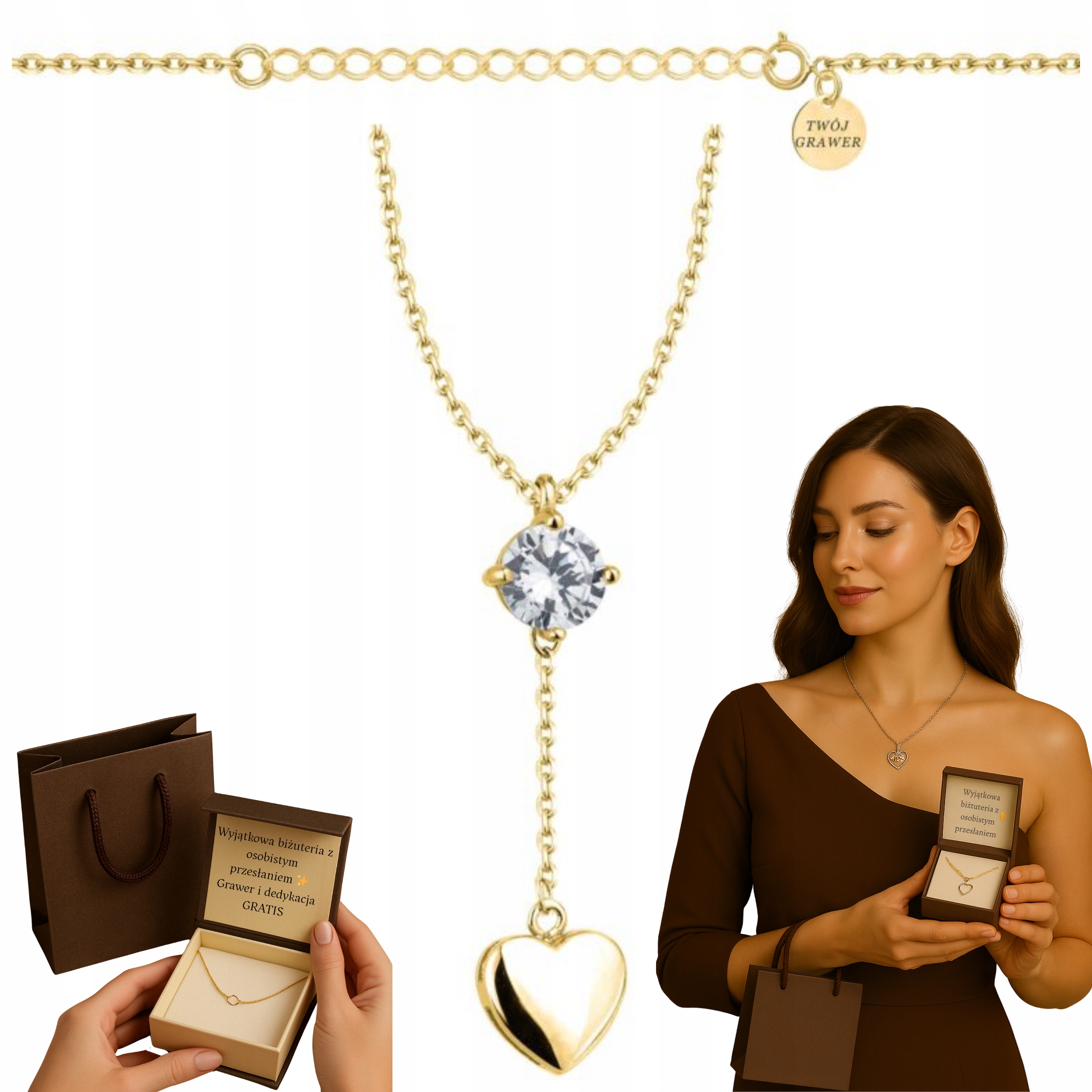 Dámský zlatý Řetízek srdce s ankier 925 585 zirkonem Gravírování Bonus