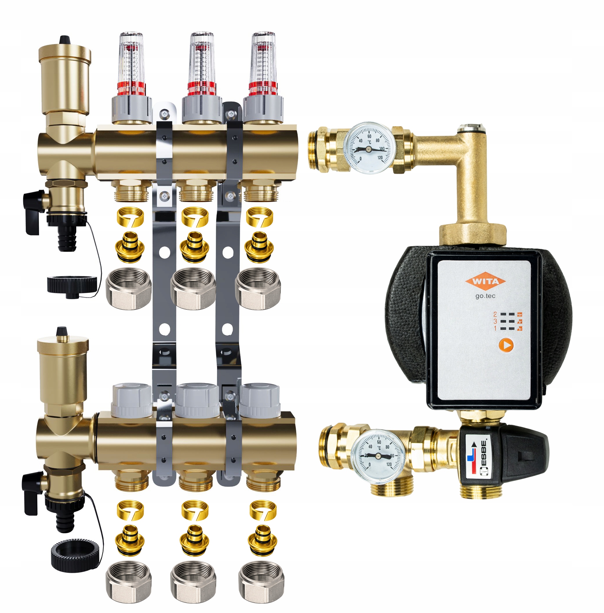 Rozdělovač pro podlahové topení 3 sekce Spojky Pex Čerpadlo Wita