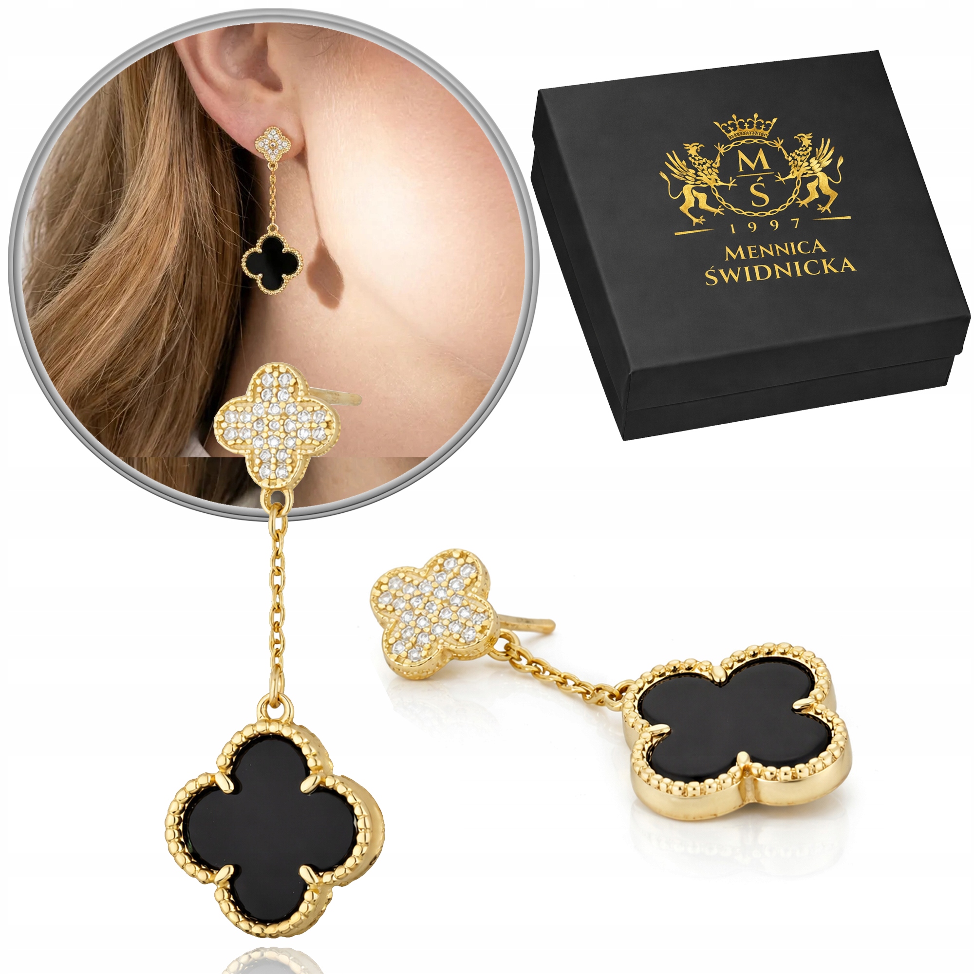 Stříbrné 925 Náušnice s onyxem Pozlacené 24K jetelky Elegantní Zirkony