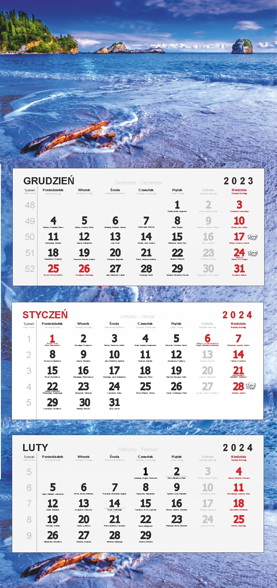 Kalendarz ścienny TRÓJDZIELNY 2024