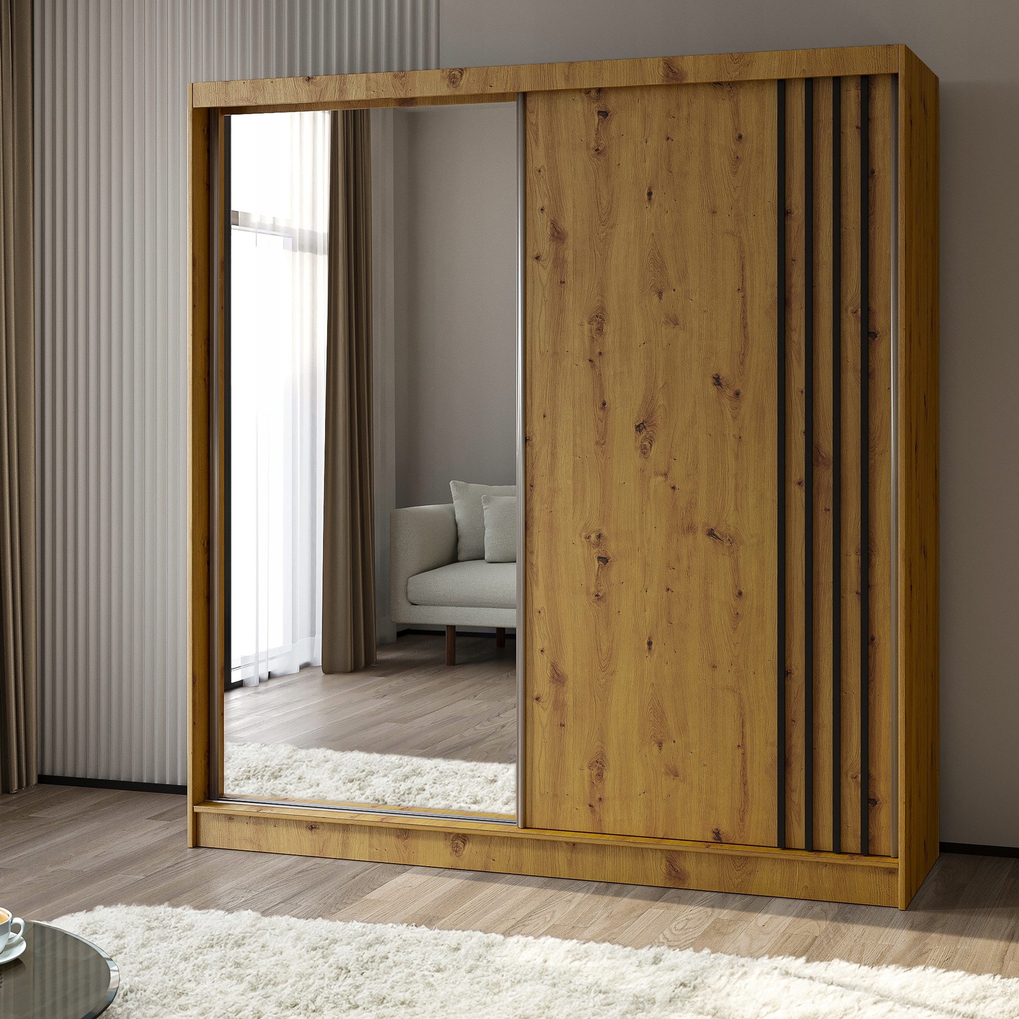 Skříň Nelvia 200 cm Skříň se zrcadlem Posuvná dub artisan