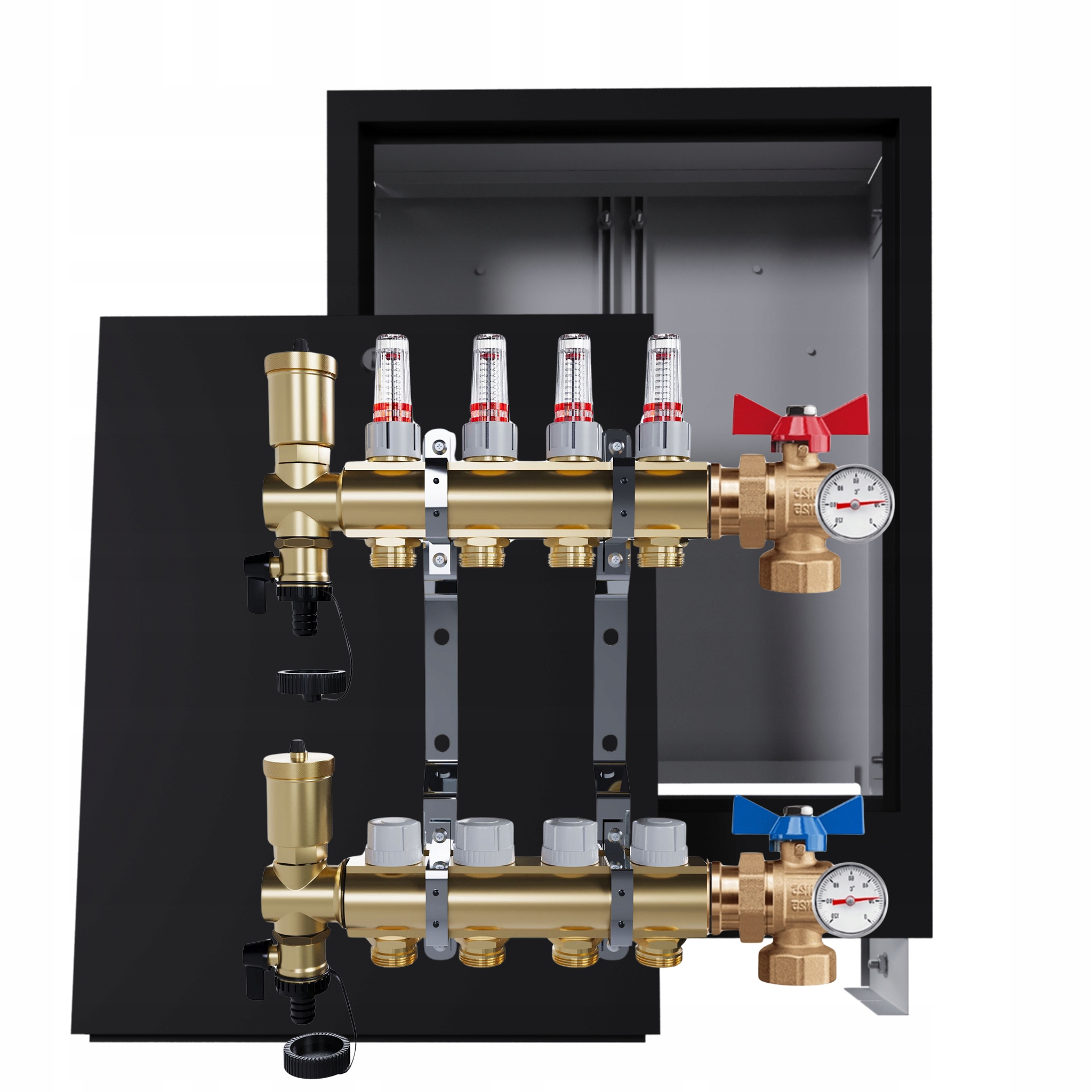 Rozdělovač Pro Podlahovku, 4 Okruhy S Podomítkovou Skříní, Černý Ventily