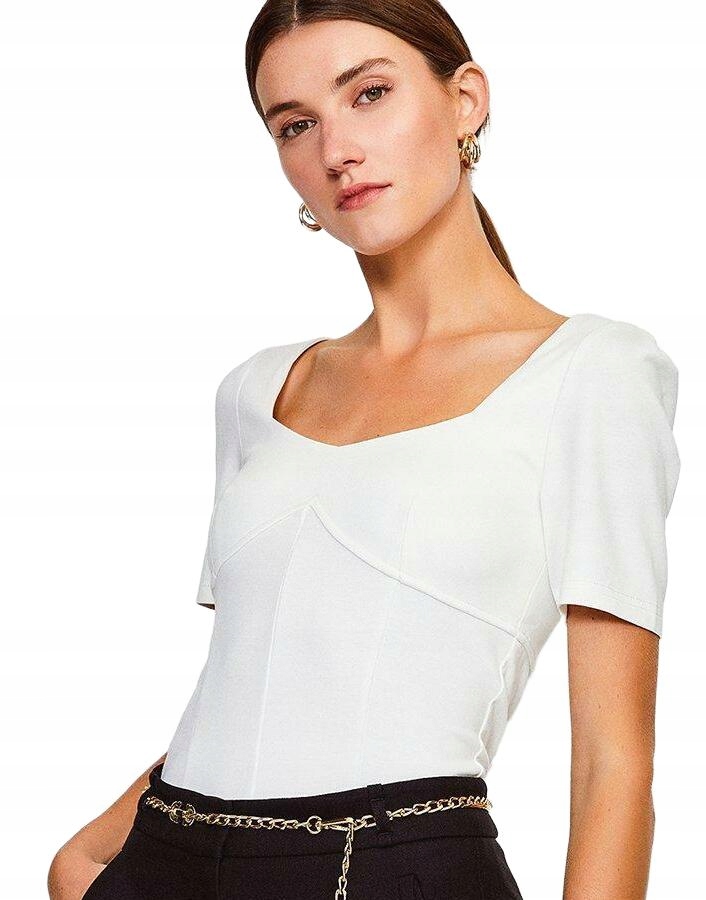 Biały Klasyczny Dopasowany Top Krótki Rękaw Dekolt Kwadrat Karen Millen 42