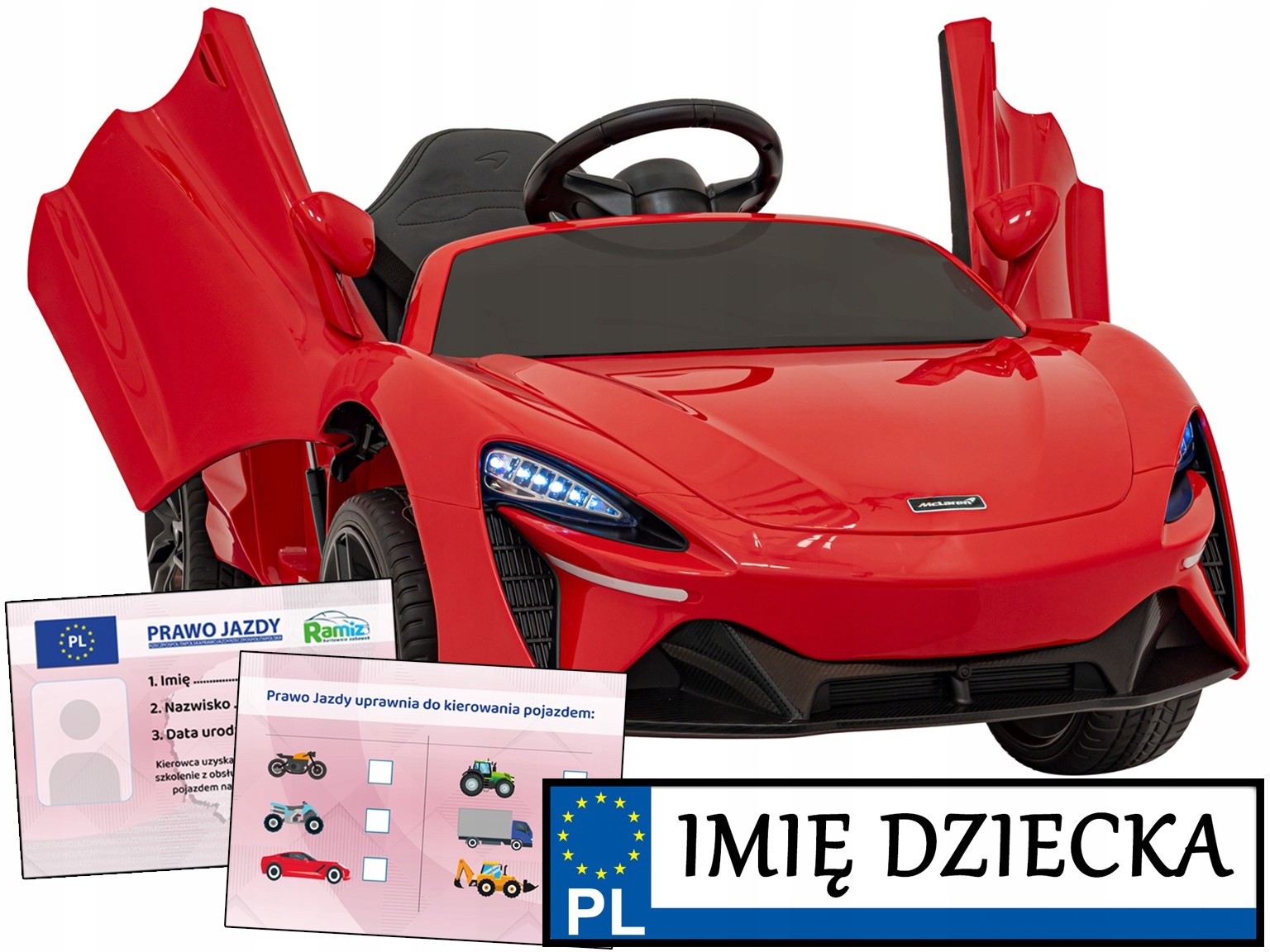 Autko dla dzieci McLaren Artura pilot Prawo Jazdy tablica z imieniem