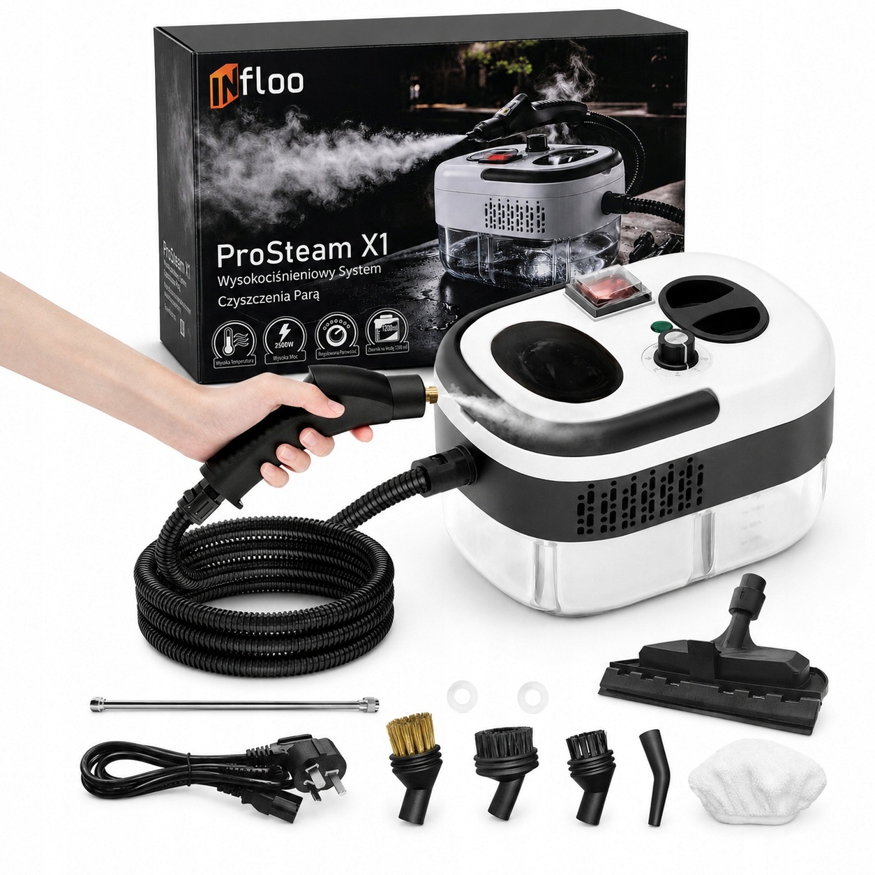Myjka Parowa INfloo 2500W 6STOPNI Pary 1.2L Do Podłóg Okien Łazienki Kuchni