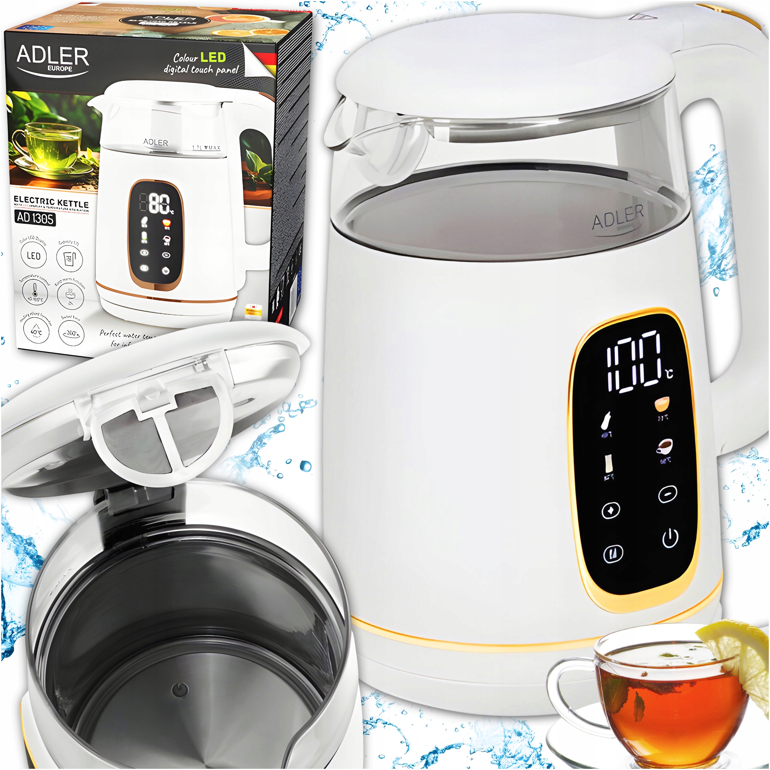 Czajnik Elektryczny 2200W Szklany Biały Regulacja LED Mocny Adler 1305 1,7L