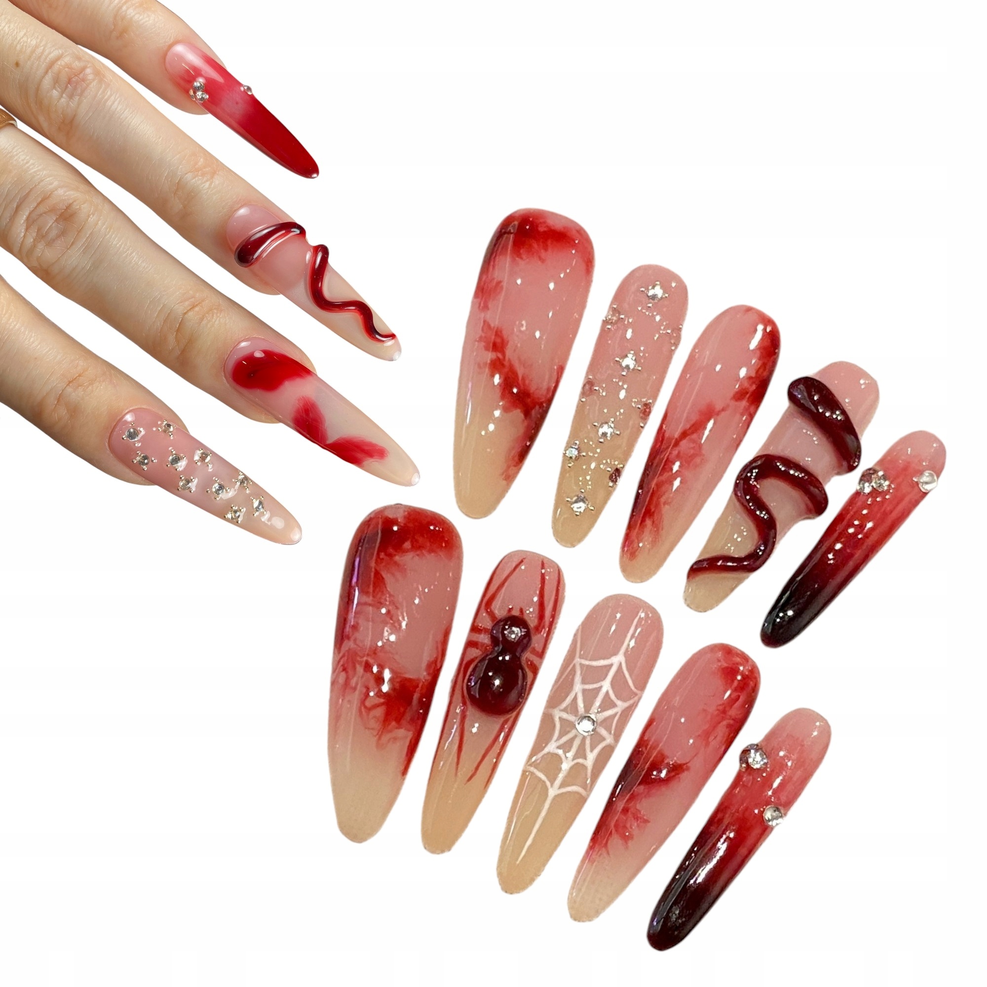 Press On Nails Umělé nehty Tipsy Halloween Snake Pavouk 3D, M