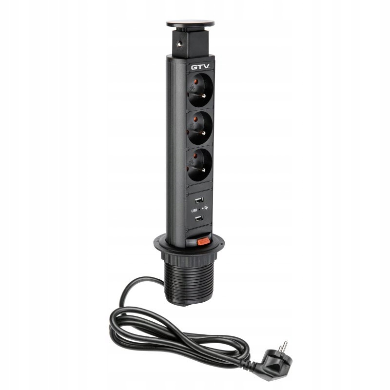 Przedłużacz Gtv gniazdo chowane wpuszczane w blat FI60 czarne 3G 2x Usb A