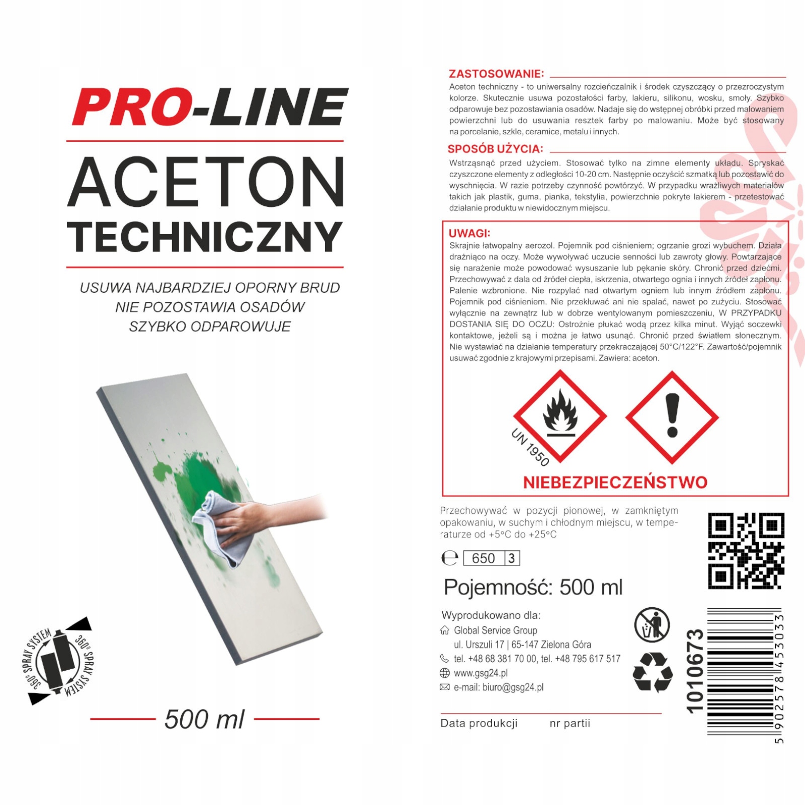 Aceton Techniczny 100% Spray PRO-LINE 500ml Pojemność opakowania 500 ml