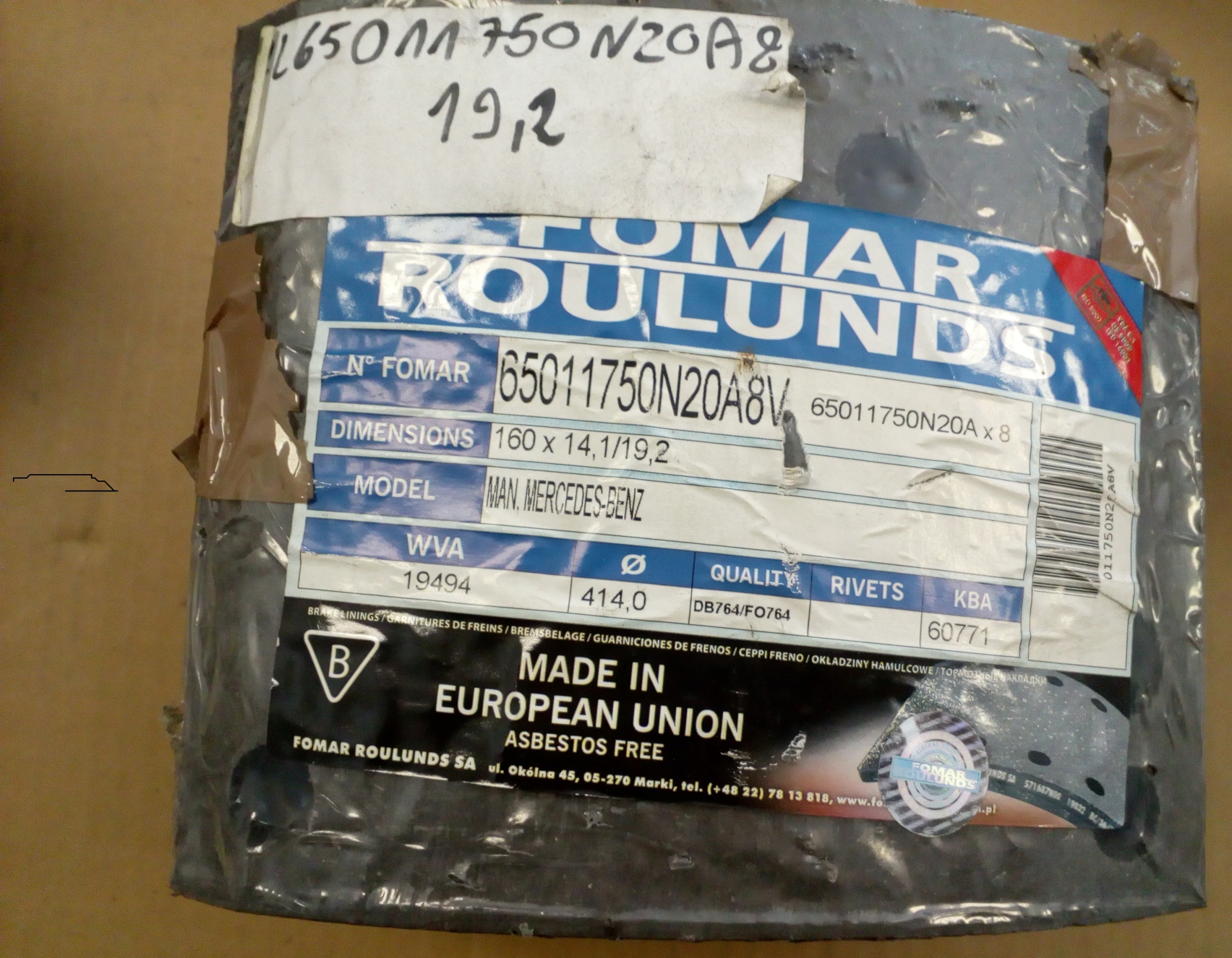 19494 - Rl65011750n20a8 передні гальмівні колодки MAN