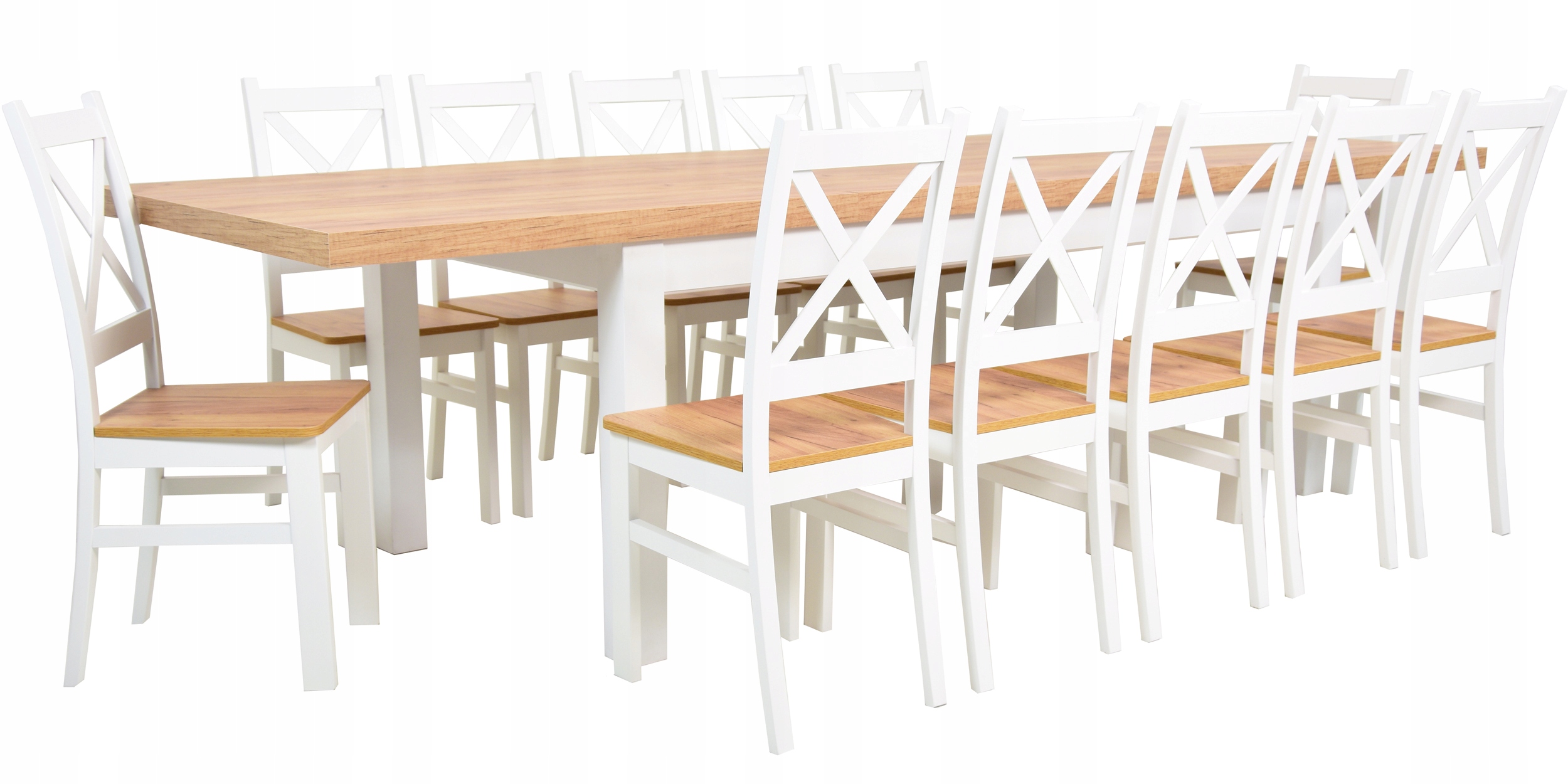 12 krzeseł BIAŁE DREWNIANE i ROZKŁADANY stół do 3m