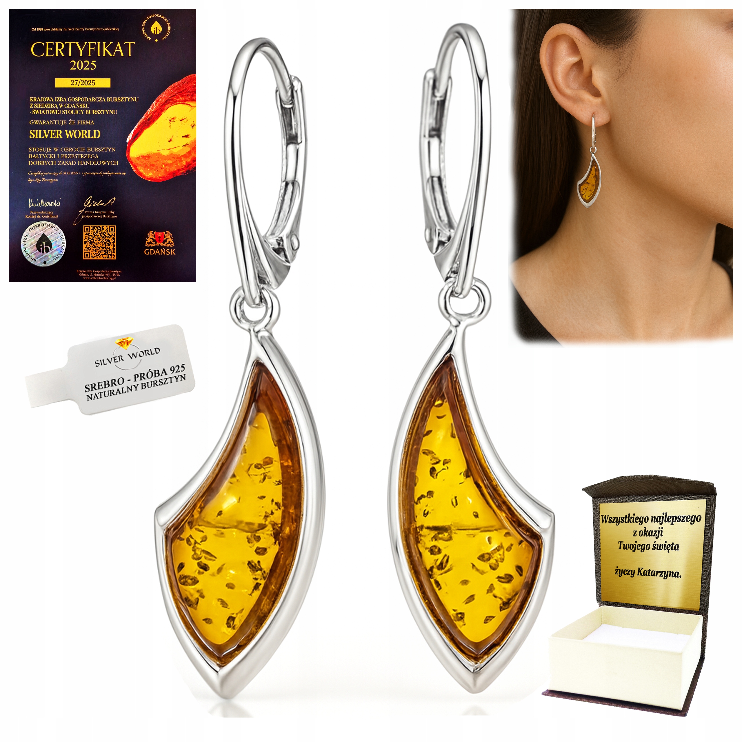 Stříbrné Náušnice S Jantarovou Září, Visací, Ideální Jako Dárek +dárek kw4